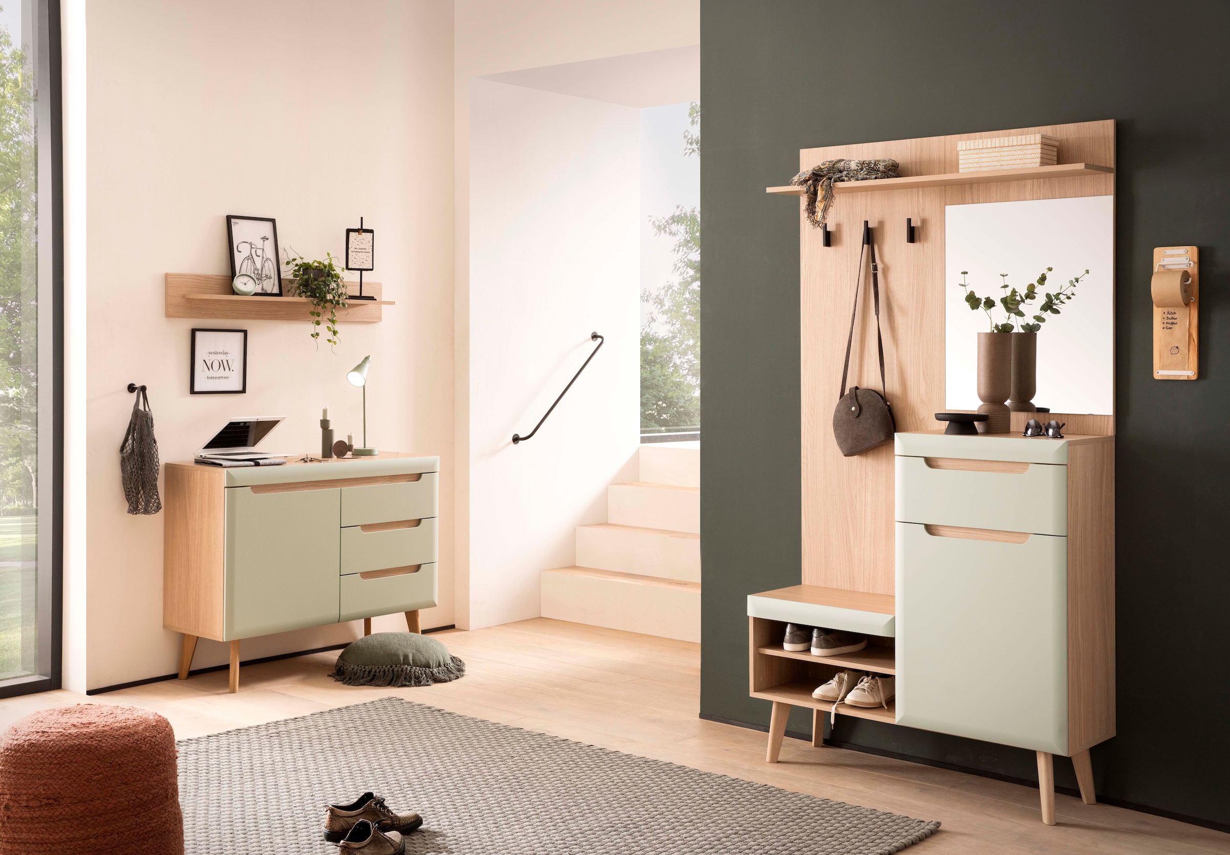 Garderoben-Set HOME AFFAIRE, B:237cm, grün, Holzwerkstoff, Flur, Kastenmöbel-Sets, "Torge, Garderobe mit Stauraum, Garderobenschrank im Scandic