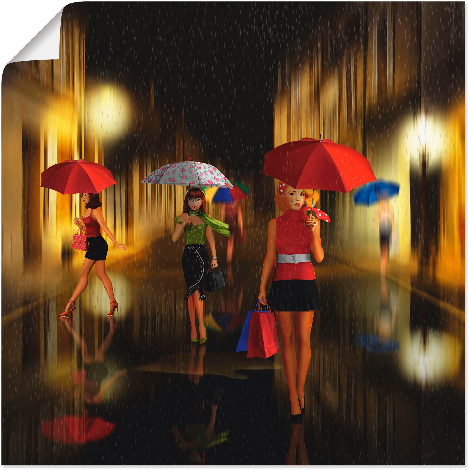 Artland Wandbild im Alubild, in beim Einkaufen Regen«, bestellen Wandaufkleber Poster BAUR Leinwandbild, versch. Frau, | St.), oder (1 als »Frauen Größen