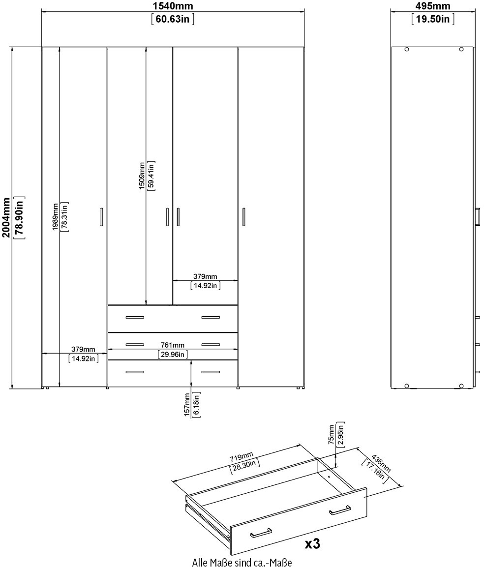 Home affaire Kleiderschrank, Mit viel Stauraum, graue Stangengriffe, Gr. ca. 200,4 x 154 x 49,5 cm