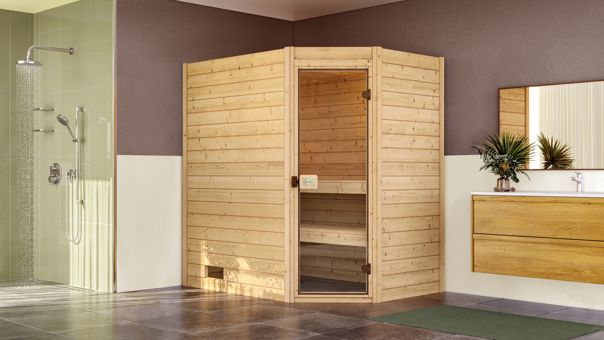 weka Sauna "Massivholzsauna VALIDA Eck 1", Blockbohlen, moderne Ganzglastür