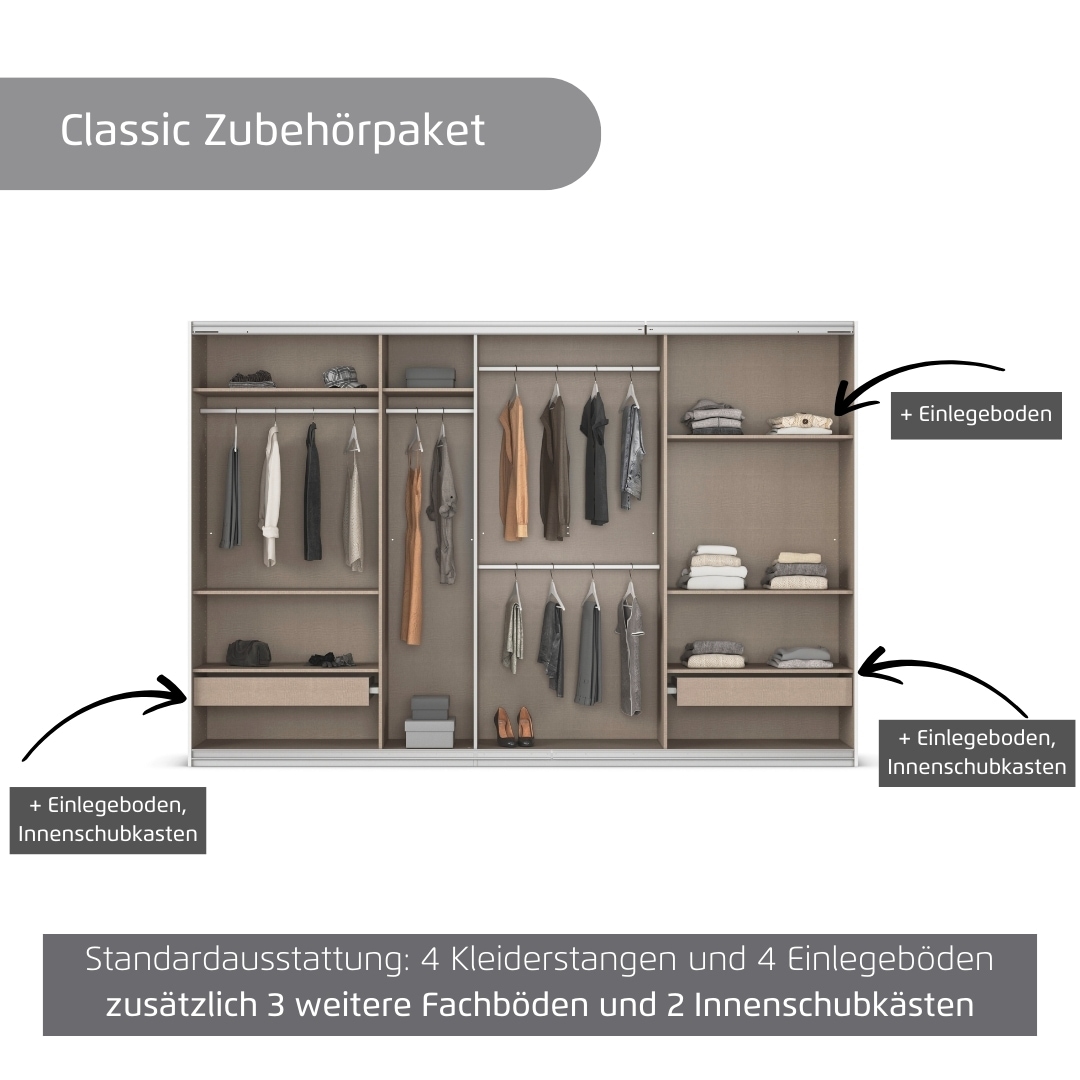 rauch Kleiderschrank »Schwebetürenschrank OTTO´s Choice Garderobe Schrank TOP ANGEBOT Avola«, (in 3 verschiedenen Ausstattungen BASIC/CLASSIC/PREMIUM inkl. Spiegel), mit eleganten Zierleisten in Chrom, Schwarz oder Weiß MADE IN GERMANY