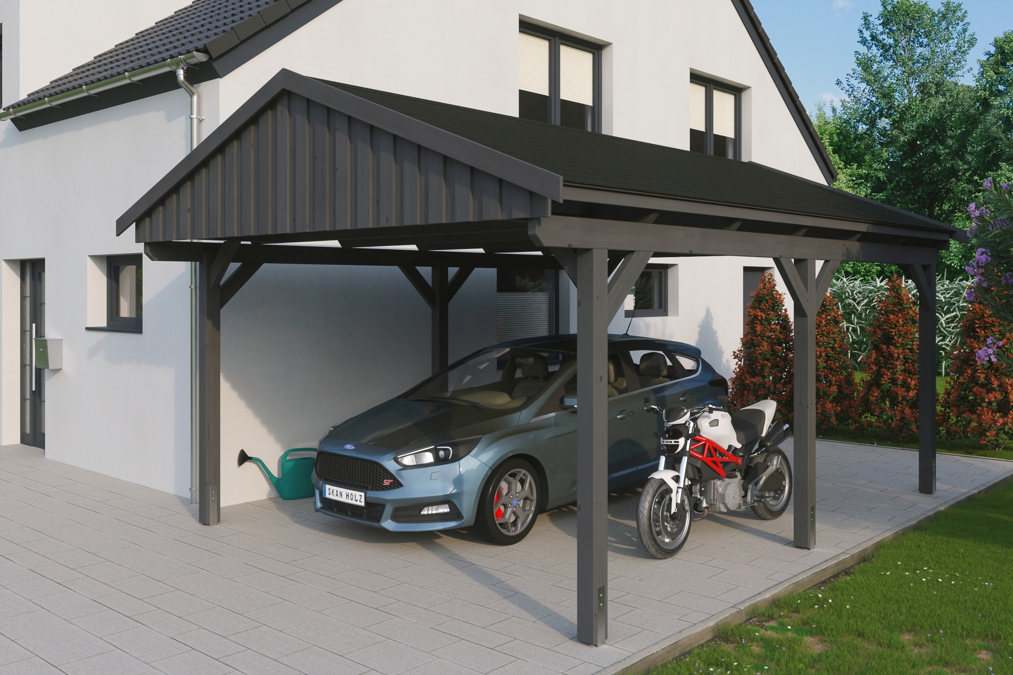 Skanholz Einzelcarport "Fichtelberg" Leimholz dunkelgrau mit schwarzen Schindeln
