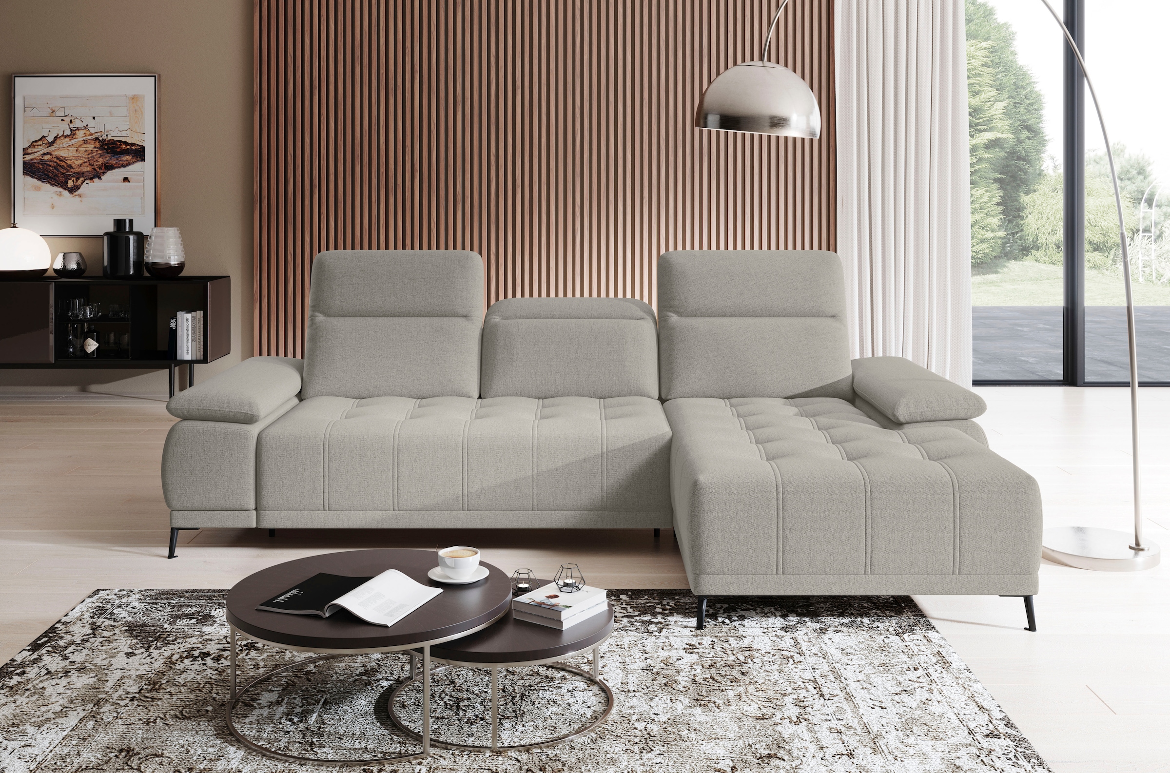 WERK2 Ecksofa "Focus-S Breite 277cm, bequem, elek. Sitztiefenverst., verst. Kopfteile" Luxus-Microfaser weich, L-Form, XXL, elektrische Sitztiefenverstellung