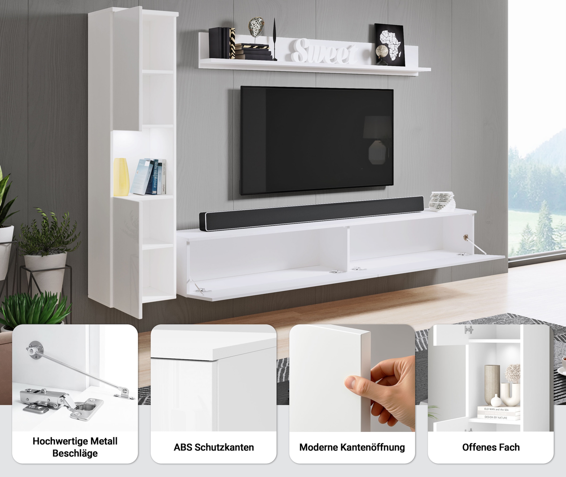 INOSIGN Wohnwand »PARIS, Vitrine Türanschlag links/rechts wechselbar« Komplett-Set, 3 Stk. tlg. grifflose Design, stehend und hängend montierbar