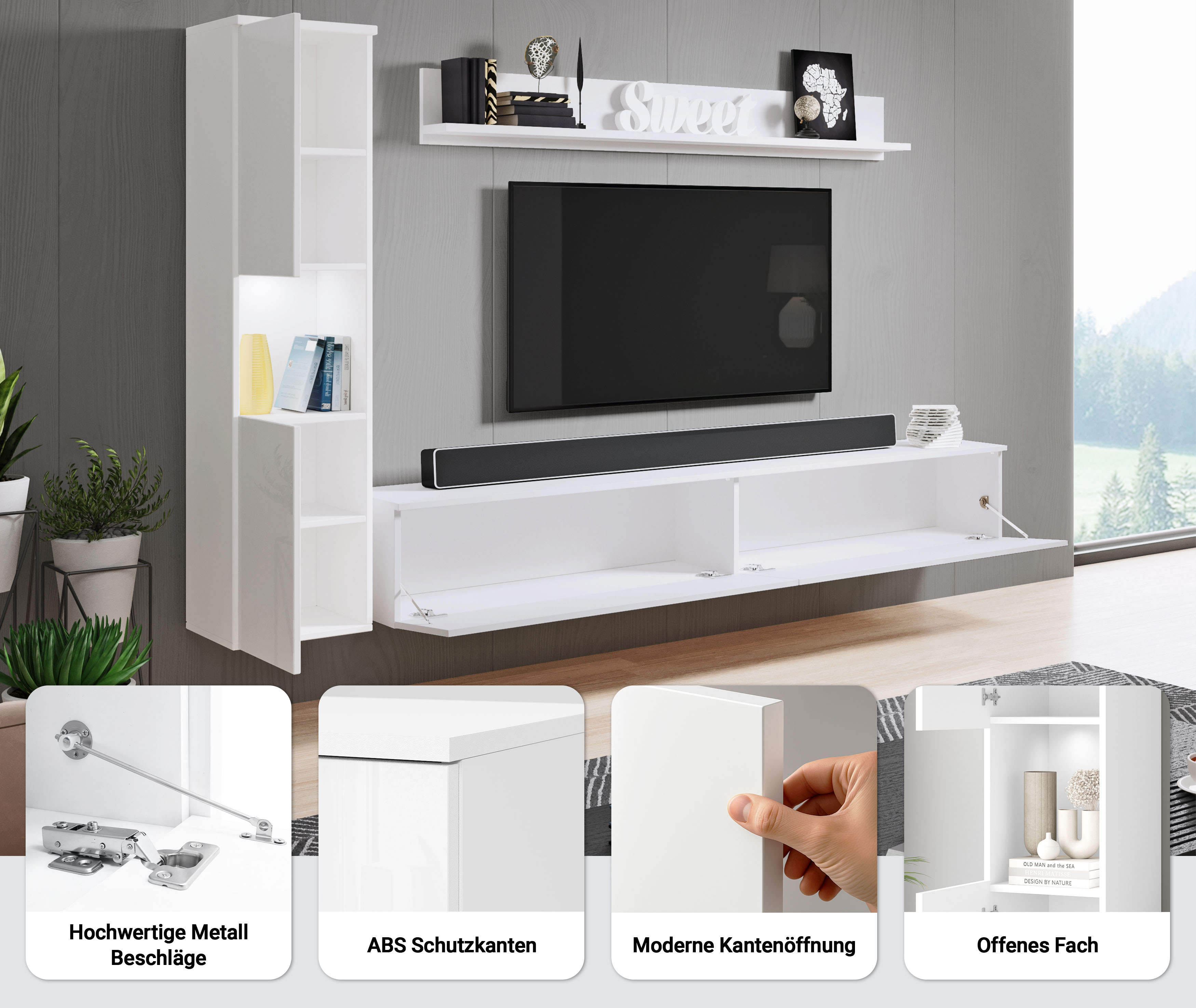 Thumbnail - OTTO home Wohnwand "PARIS, Vitrine Türanschlag links/rechts wechselbar" Komplett-Set, 3 Stk. tlg.