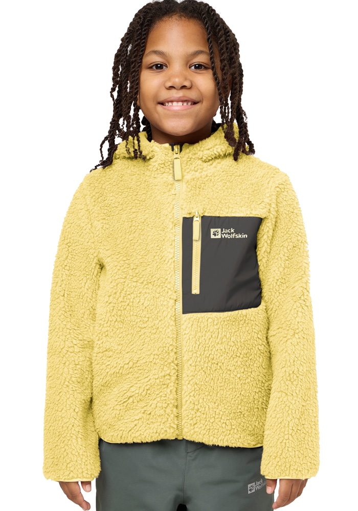 Fleecejacke JACK WOLFSKIN "ICE CURL HOOD JACKET K", Kinder, Gr. 104, lemon ice, Fleece, Obermaterial: 100% Polyester, normal, hoch geschlossener Ausschnitt, eingesetzt eingefasste Kante, Jacken Fleecejacke, Übergangsjacke mit Kapuze, mit Brusttasche mit R