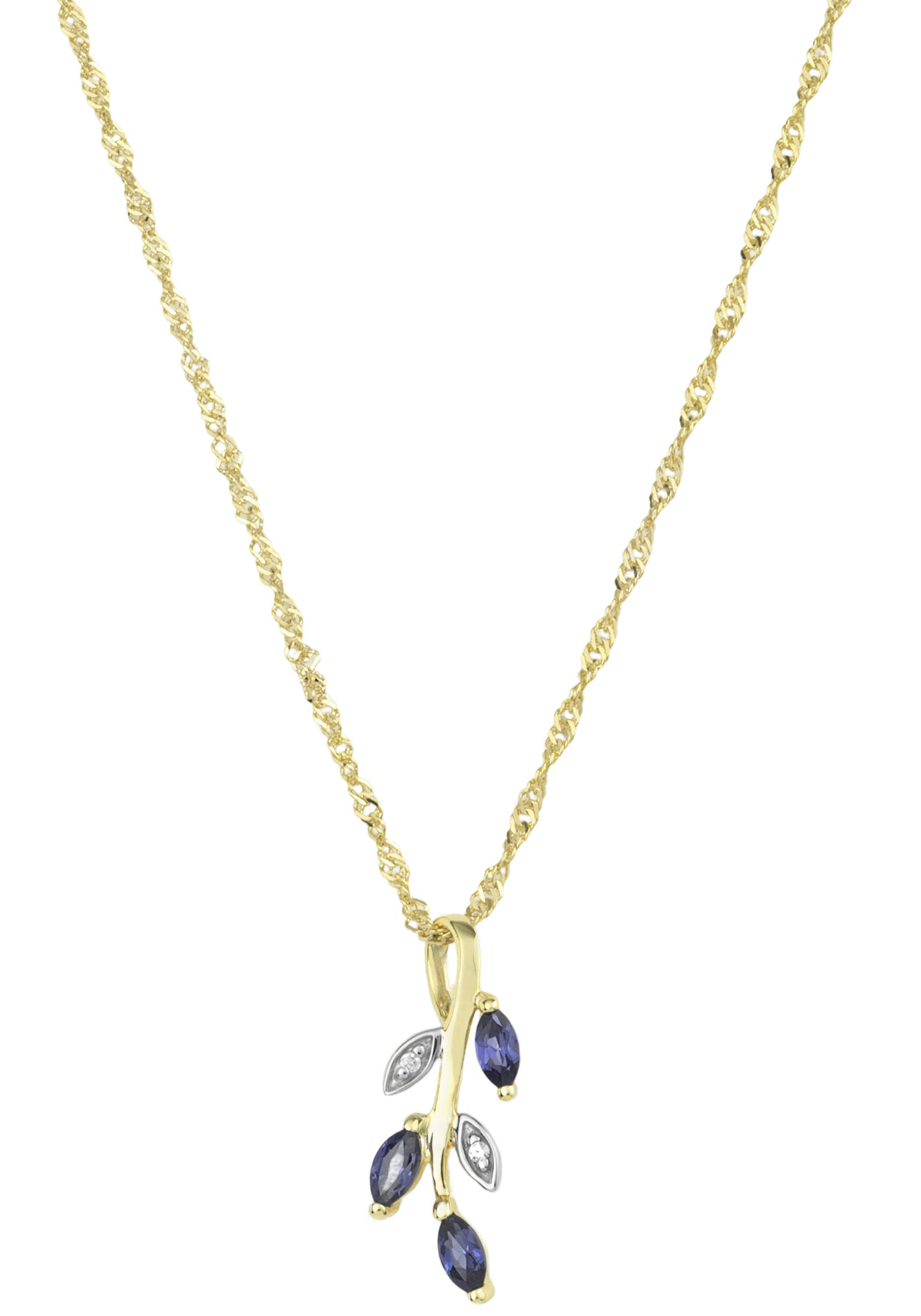 Kette mit Anhänger AMOR "Blütenranke", blau (gelbgoldfarben, kristallweißgoldfarben, kristallweiß, blau), Halsketten, Damen, Gelbgold 375 Weißgold 375, L: 45, Gelbgold 375, Weißgold 375, mit Zirkonia (synth.) 7