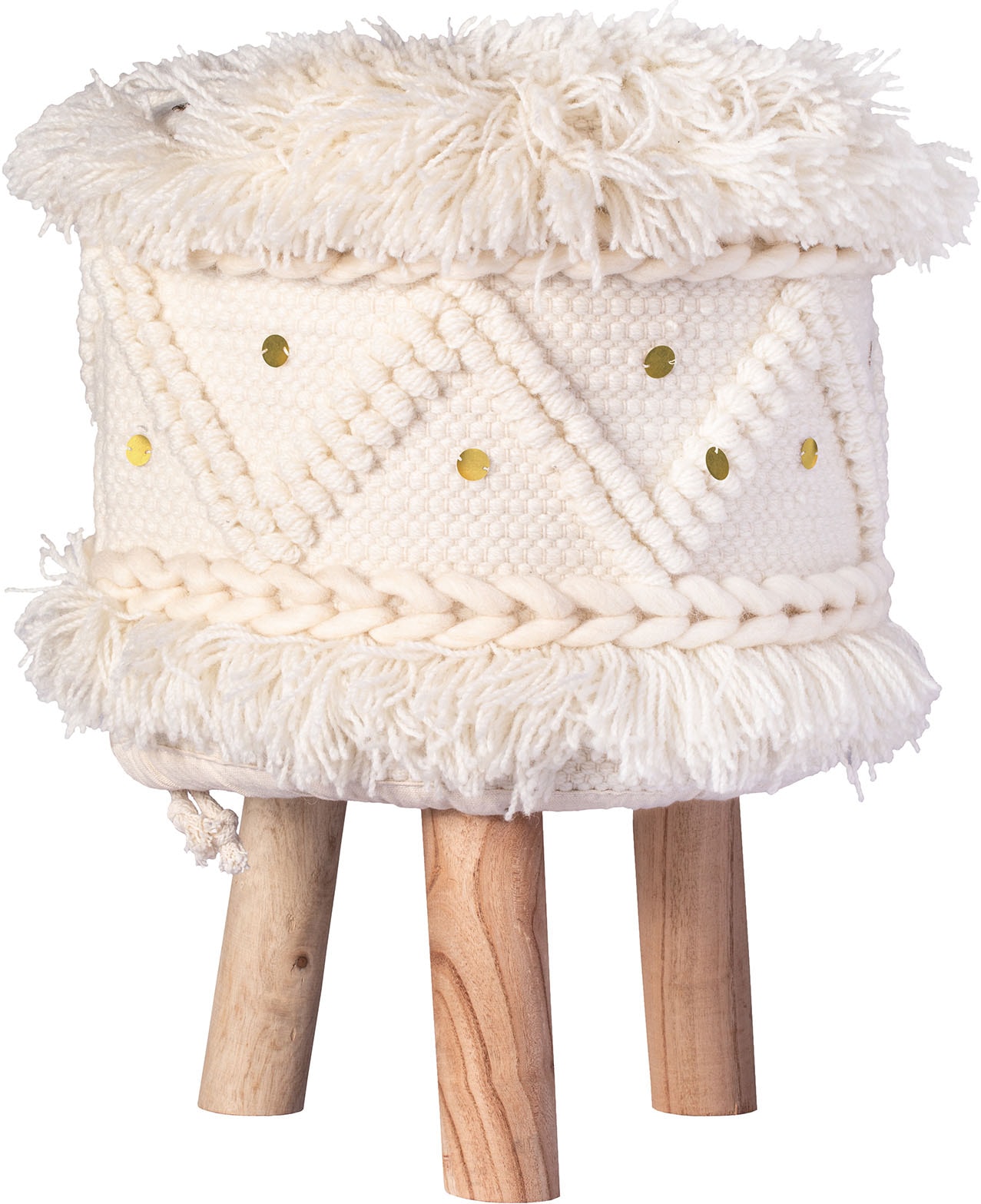 Kayoom Sitzhocker »Hocker Bohist 525, charaktergebende Strukturen mit Fransen und Quasten«, (1 St.), handgefertigtes Unikat, Boho-Style, gut kombinierbar