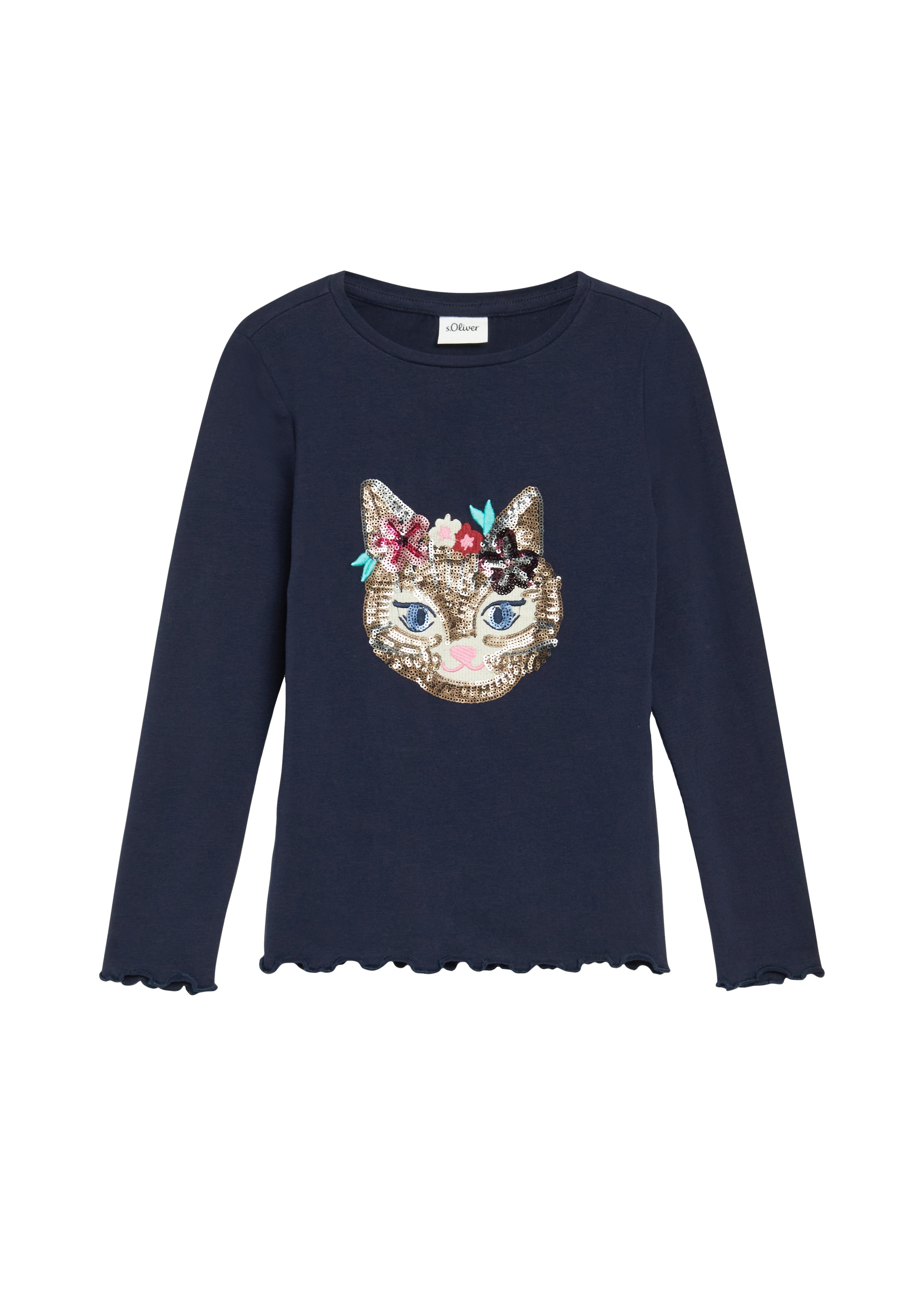 s.Oliver Junior Langarmshirt mit Pailletten-Applikation, gewellter Saum, Baumwolle mit Elasthan