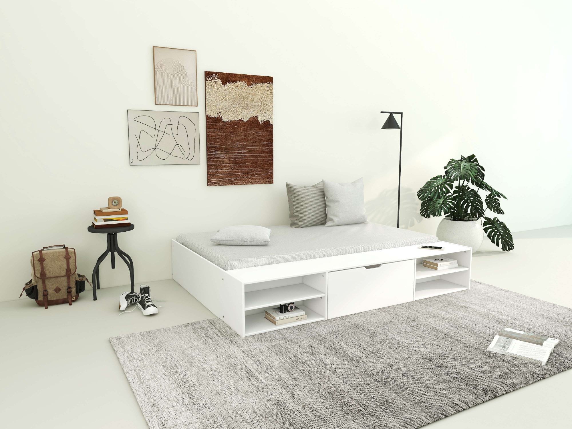 Home affaire Stauraumbett »Cavan, Jugendbett, Podestbett, Futonbett, Made in EU«, (Breite/ Belastbarkeit: 120cm/200 KG, 90cm/ 100KG), inklusive Lattenrost, viel Stauraum, breite Ablage, FSC® zertifiziert