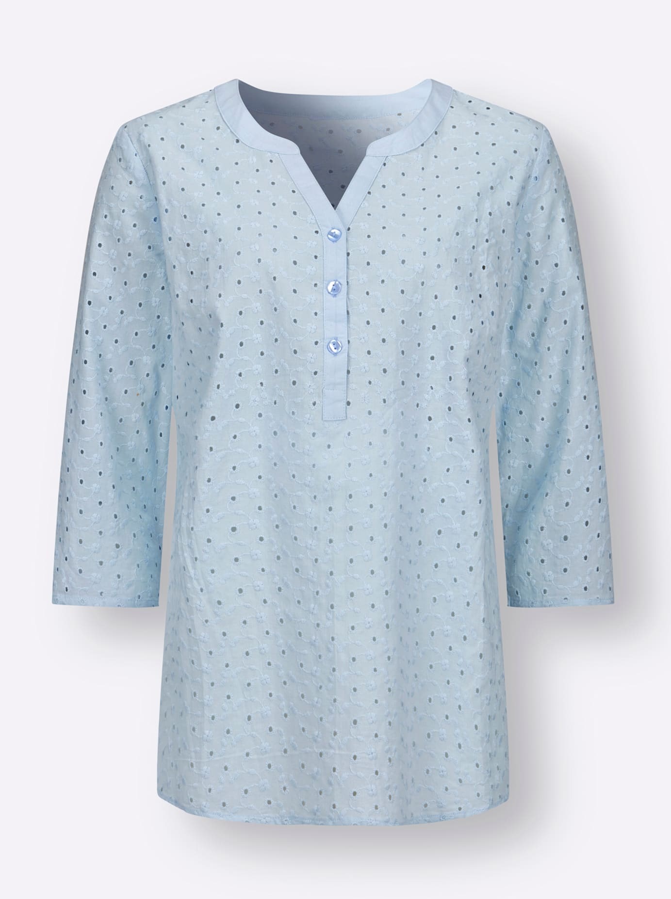 Schlupfbluse CLASSIC BASICS, Damen, Gr. 40, blau (hellblau), 100% Baumwolle, unifarben, V-Ausschnitt, Blusen Schlupfbluse 3