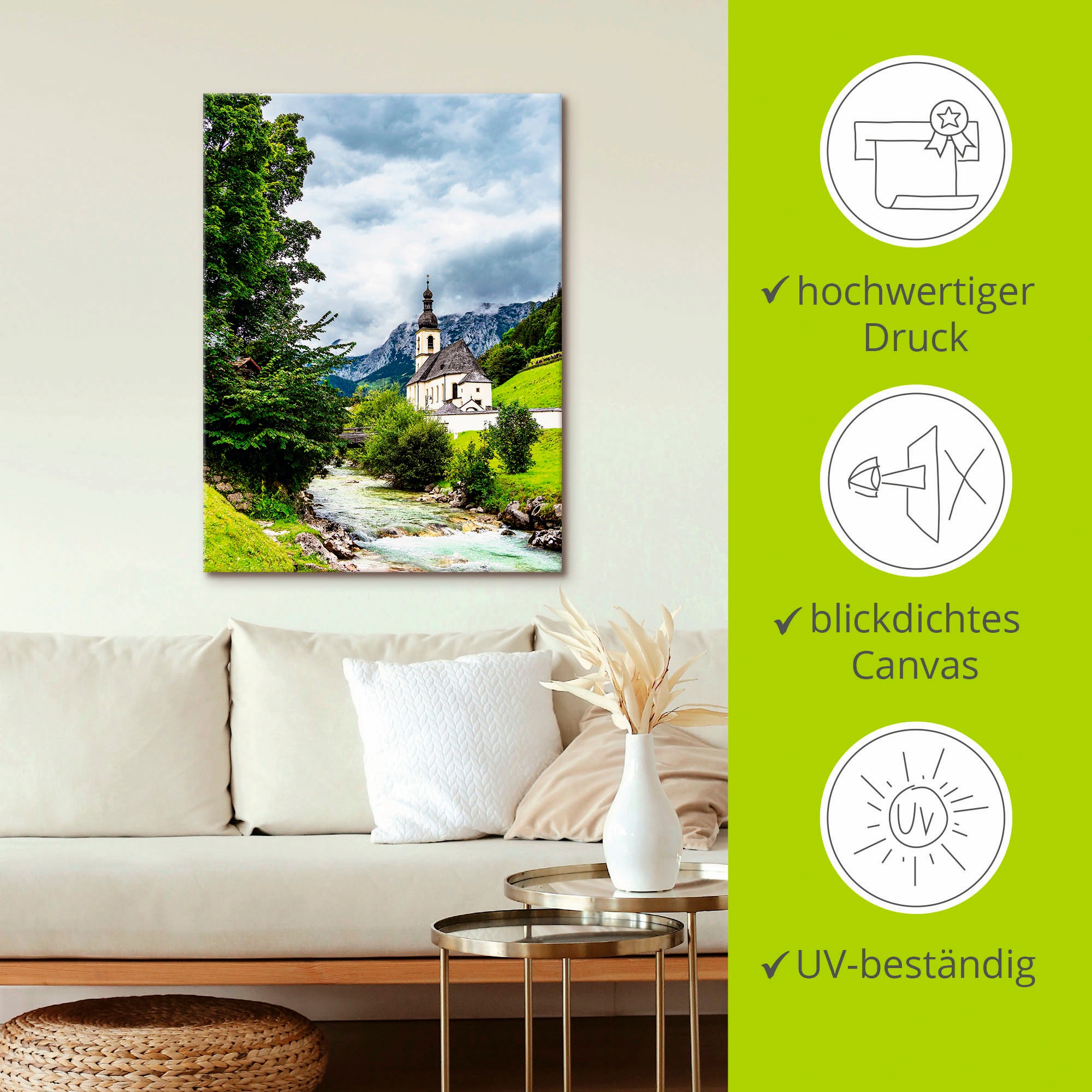 Artland Alu-Dibond-Druck »Pfarrkirche St. Sebastian Ramsau I«, Berge & Alpenbilder, (1 St.), auf Keilrahmen gespannt