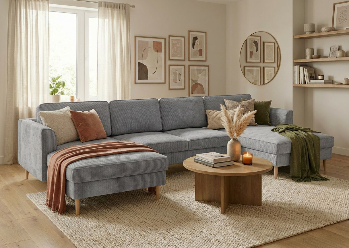 Home affaire "Booster, whlw. mit Schlaffunktion & Bettkasten, Fuß Buche lackiert" Sofa in U-Form, Breite 305 cm, in Cord oder Struktur