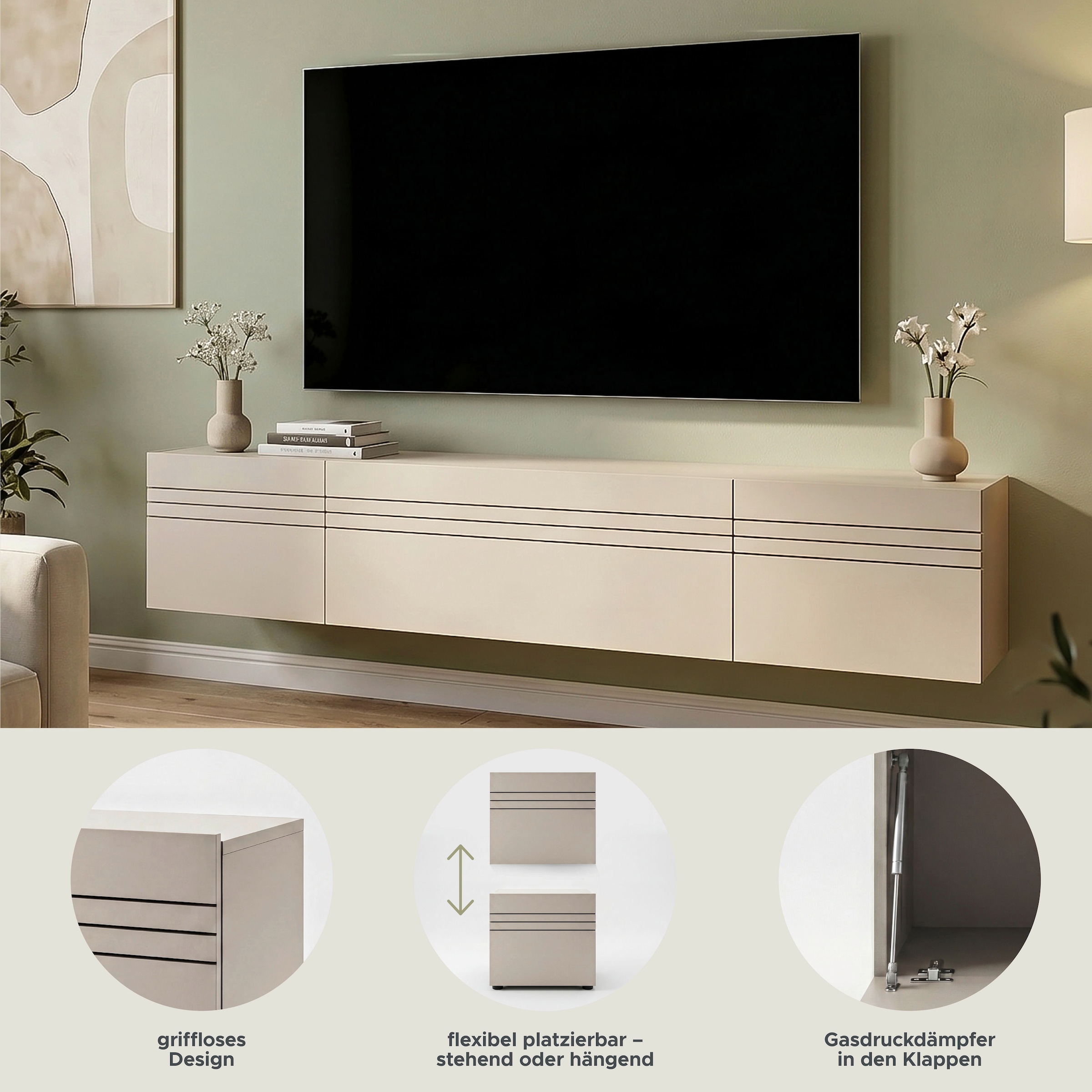 OTTO home Lowboard »SPIAGGIA, 3-teiliges Set, Breite 180cm, stehend & hängend montierbar« TV-Möbel, TV-Schrank, TV-Lowboard, Mediaboard
