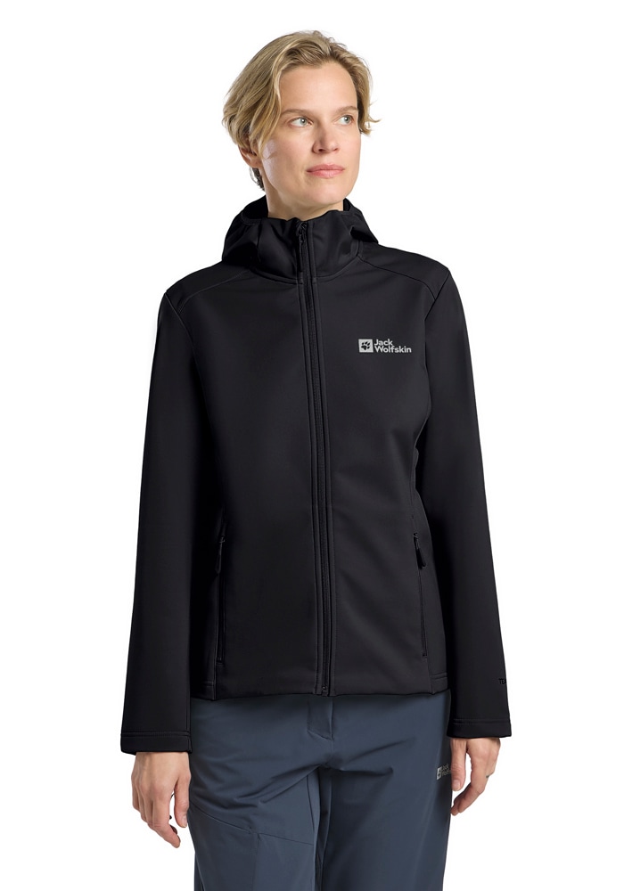 Jack Wolfskin Softshelljacke "BORNBERG HOODY W" mit Kapuze mit fester Kapuze, atmungsaktives Softshell-Material, atmungsaktiv