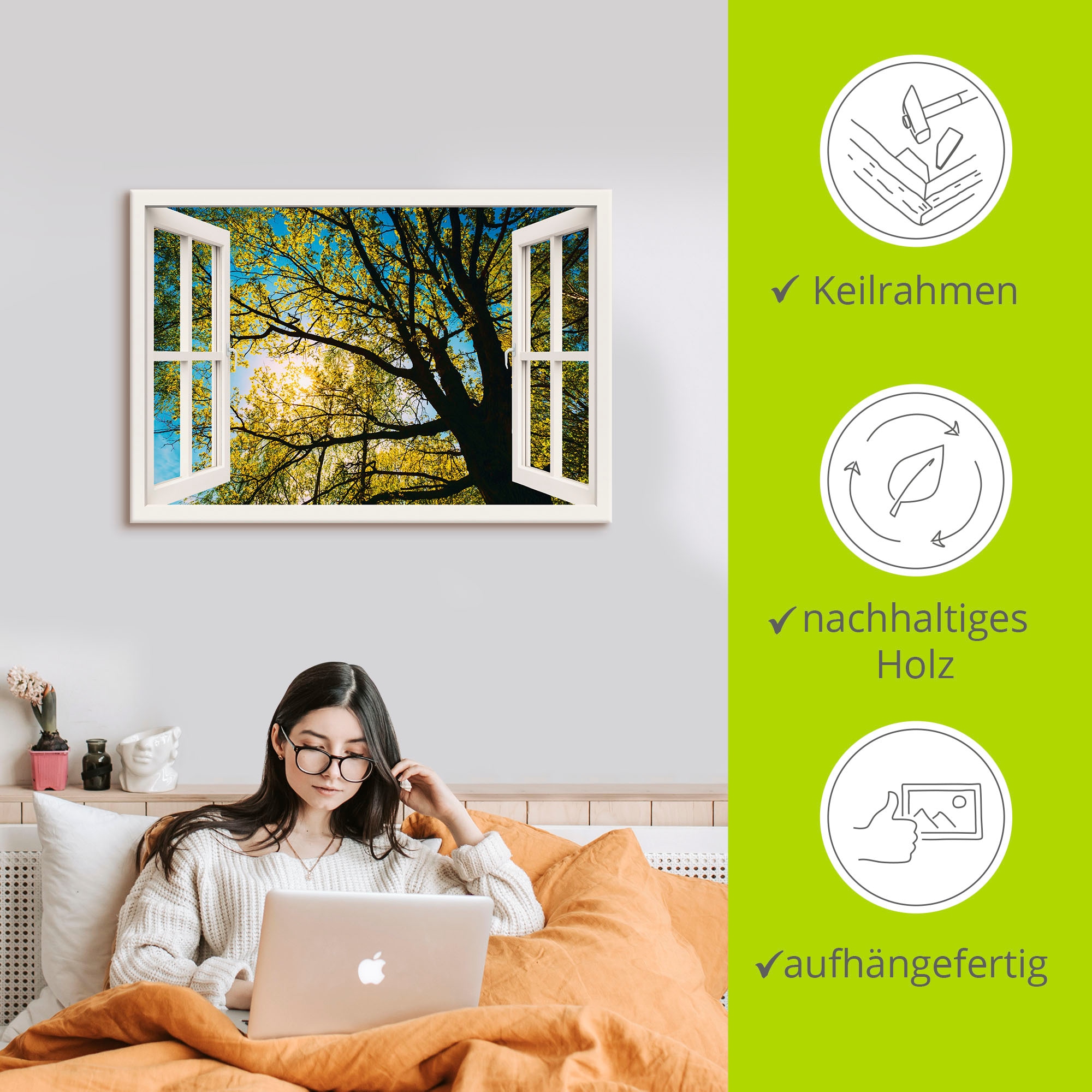 Artland Wandbild »Fensterblick Frühlingssonne Baumkrone«, Bäume, (1 St.), als Leinwandbild, Poster in verschied. Größen