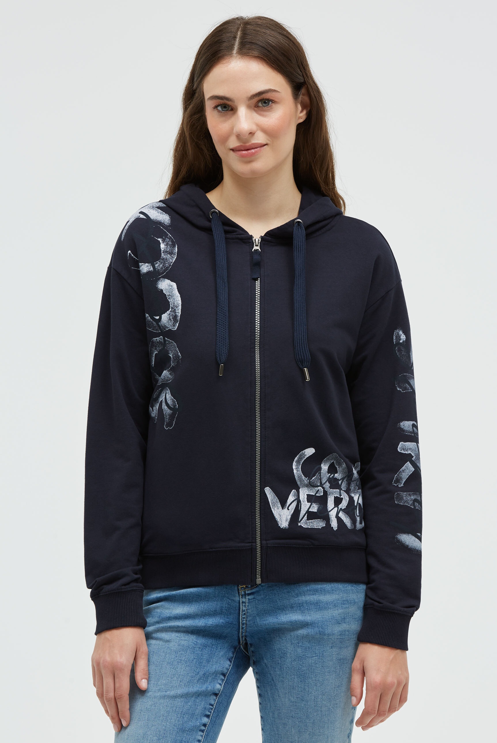 Sweatjacke SOCCX, Damen, Gr. XXL, blau, Material: 95% Baumwolle, 5% Elasthan, bedruckt, regular fit normal, hoch geschlossener Ausschnitt, eingesetzt Rippbündchen, Sweatjacken Sweatjacke, mit Baumwolle