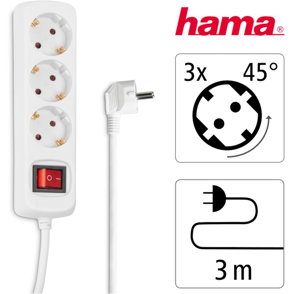 Hama Steckdosenleiste »Mehrfachsteckdose, 3-fach, Steckerleiste mit Schalter, 3 m Kabel, weiß«, 3-fach, (Kabellänge 3 m)