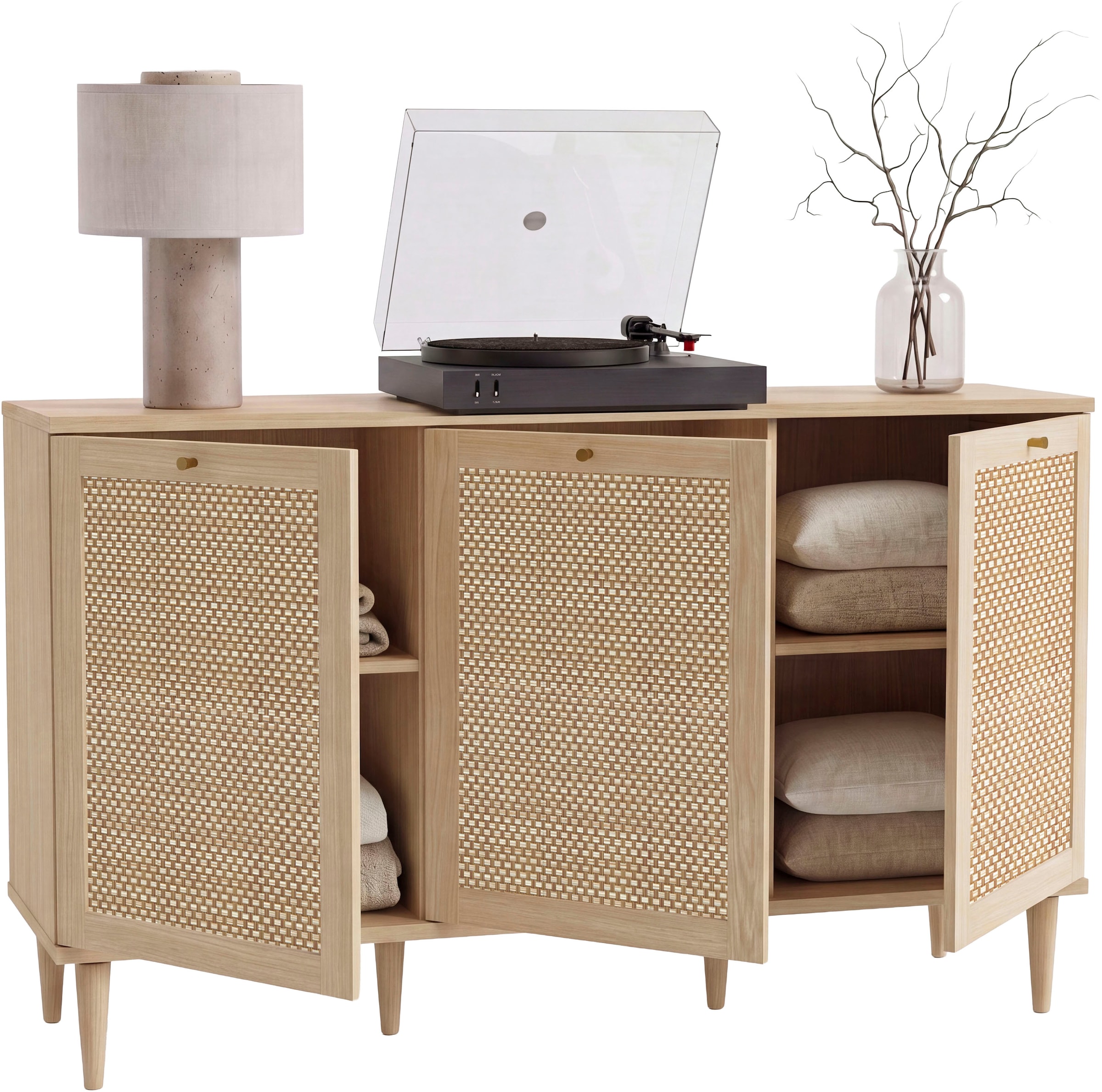 OTTO home Sideboard »ELLIAN mit  Wiener Geflechtoptik, 3 Türen, Boho Stil, Vintage« Holzfüße, Metallgriffe, Made in EU, viel Stauraum, FSC® zertifiziert