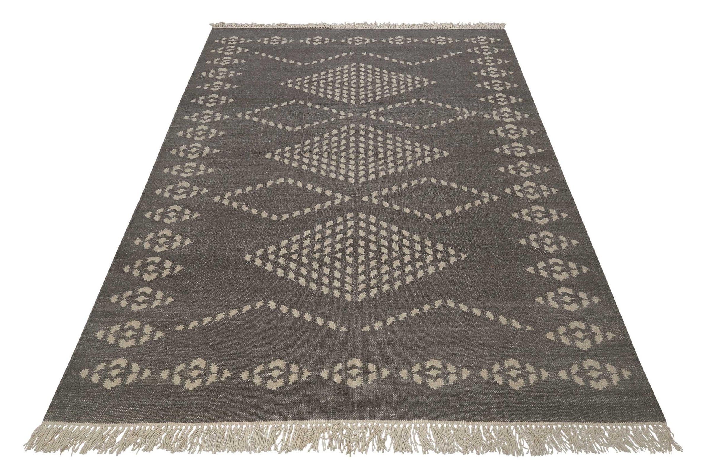 Thumbnail - Green Looop Wollteppich "Belmont" rechteckig 5 mm Höhe Fransen, Kelim, handgewebt, Natur, Wohnzimmer, Schlafzimmer, Raut...