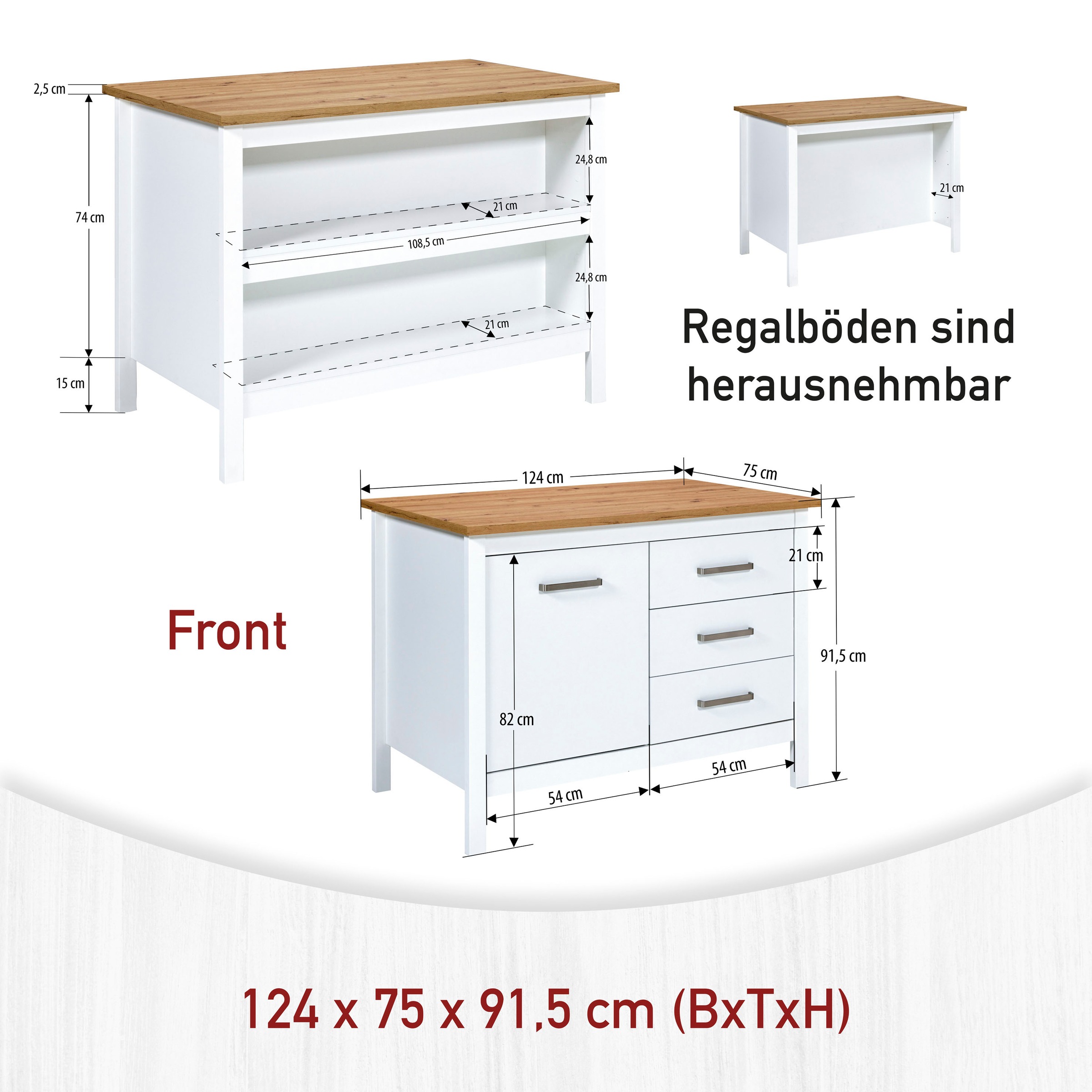 Inter Link Bartisch »Pienza im Skandi Look, multifunktional für Küche & Essbereich, Weiss« 1 Stk. tlg. Kücheninsel mit Soft-Close, Platz für 2 Hocker, 124x75x91 cm
