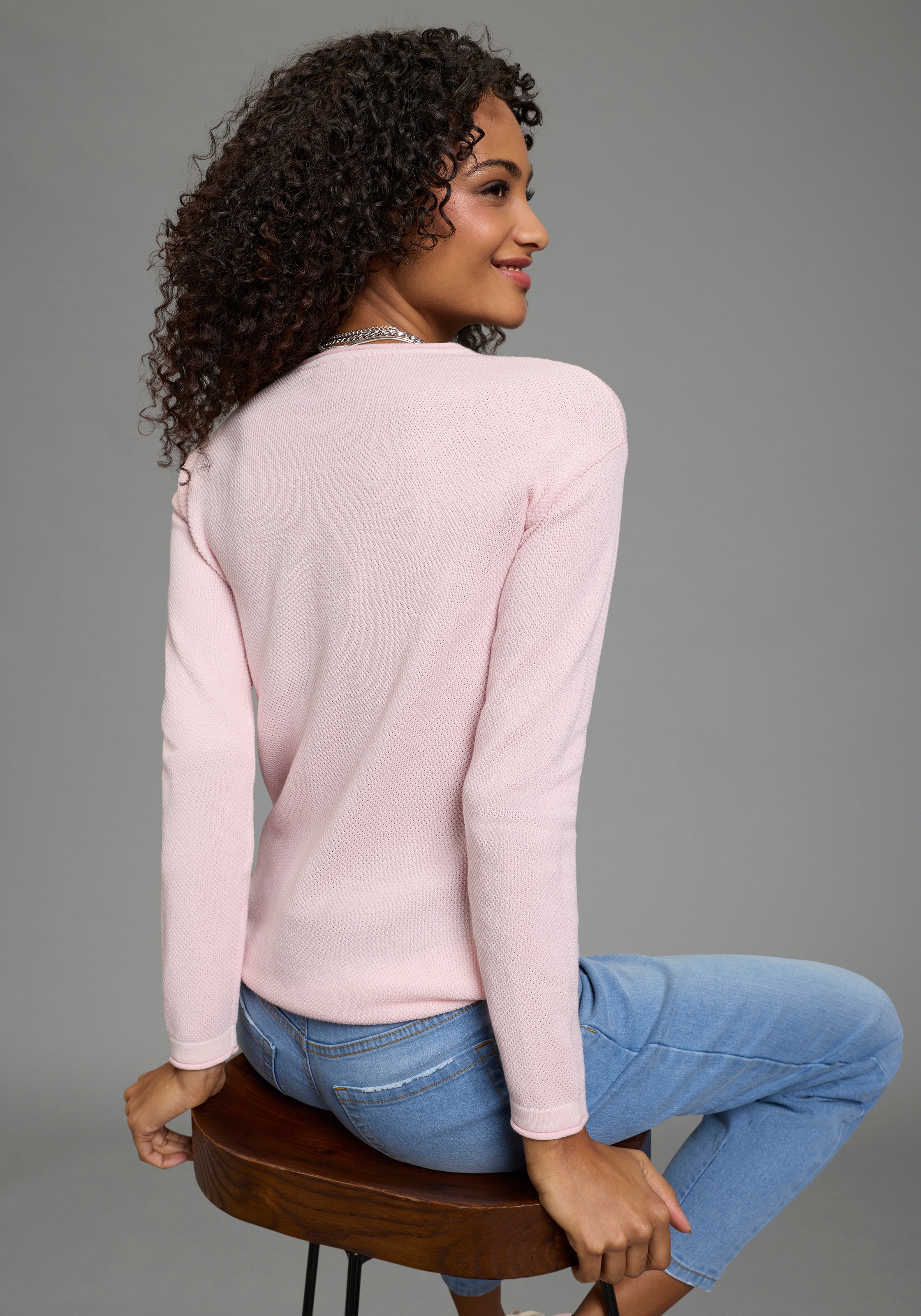 Laura Scott Rundhalspullover leichter Feinstrick mit Waffelmuster und dezen günstig online kaufen