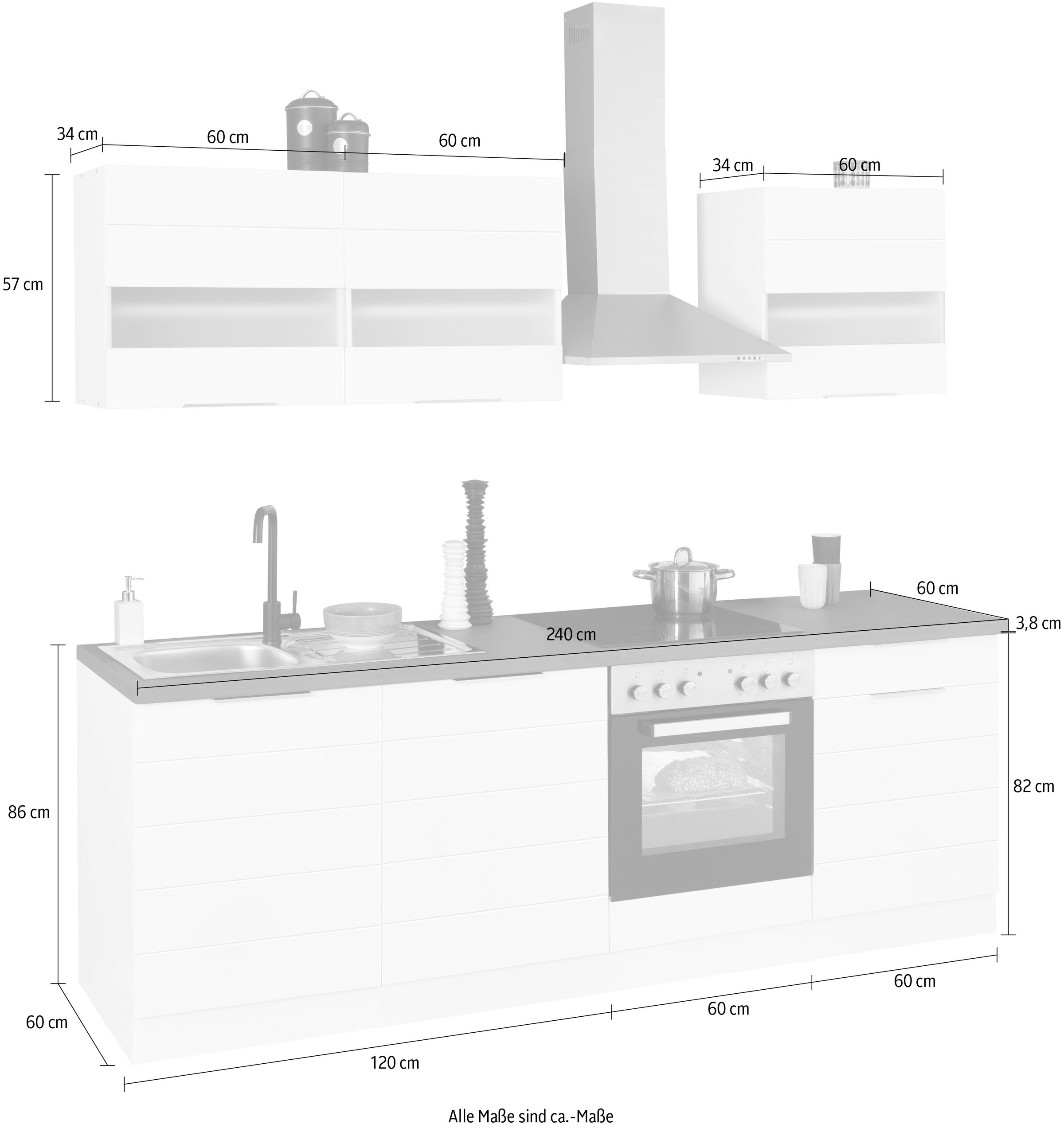 KOCHSTATION Küchenzeile »KS-Luhe«, 240 cm breit, wahlweise mit oder ohne E-Geräten, gefräste MDF-Fronten