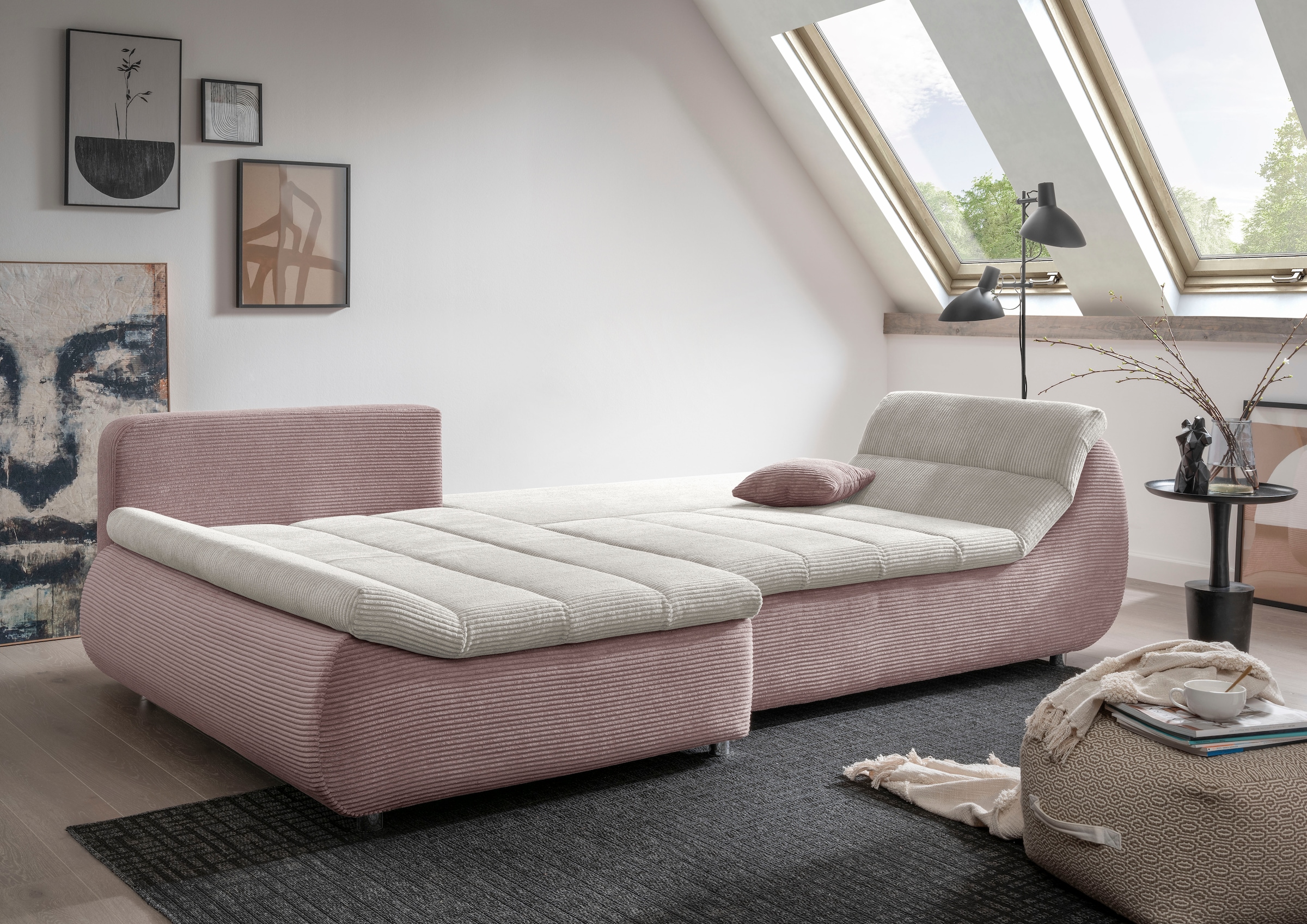 INOSIGN Ecksofa »Imola elegant und bequem, aktuelle Steppung im Sitz, L-Form«, wahlweise mit Bettfunktion