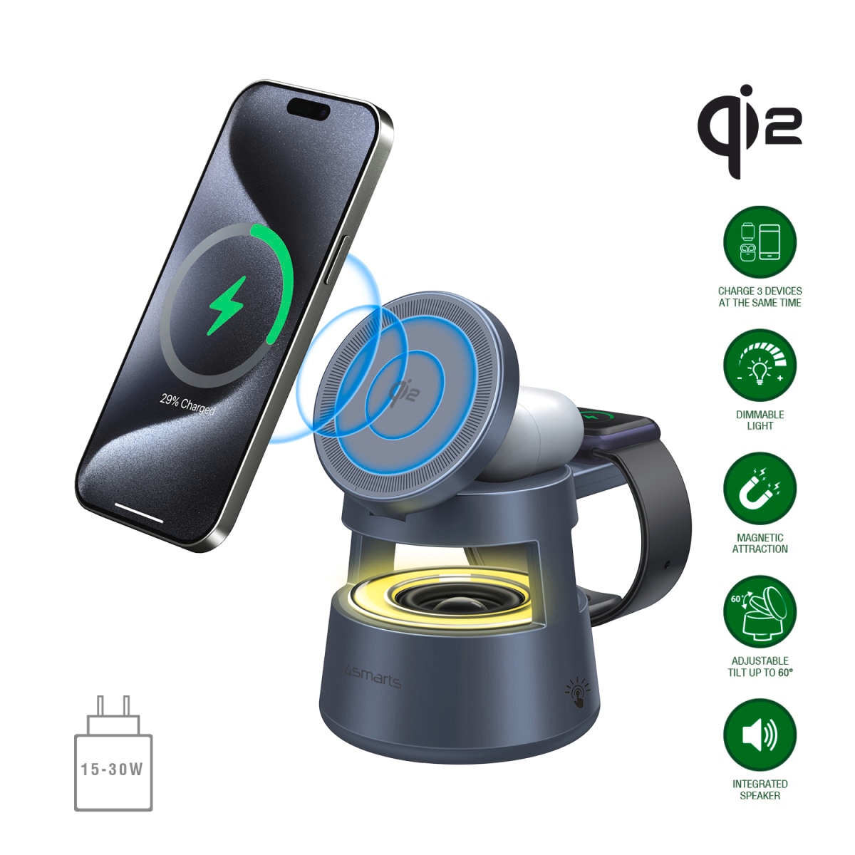 4smarts Ladestation »Aura Sound magnetischer Qi2 Charging Stand mit Lautsprecher«, inklusive UltiMag-Ring