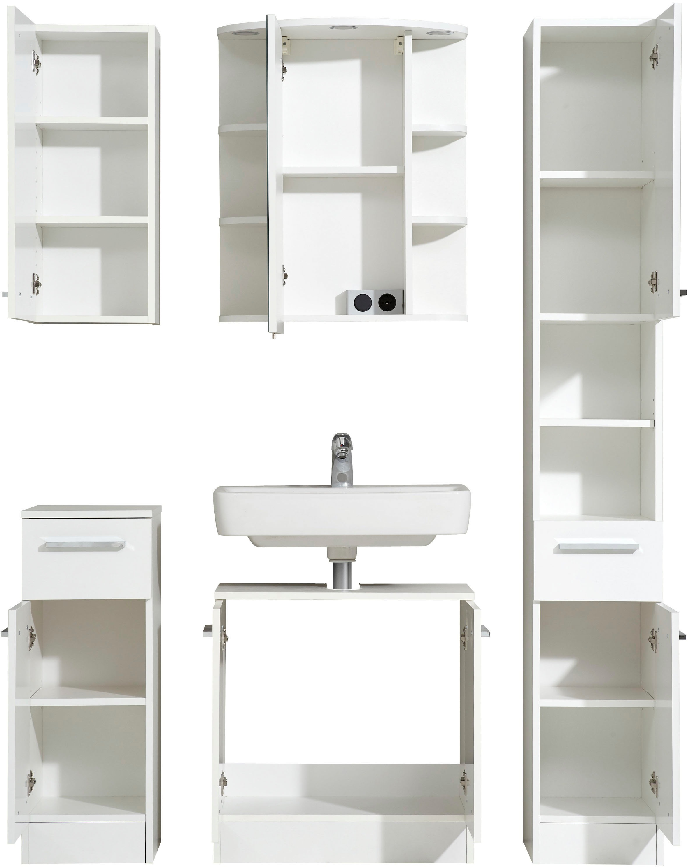Thumbnail - Saphir Badmöbel-Set "Quickset 335 5-teilig, Waschbeckenunterschrank mit LED-Spiegelschrank" 5 Stk. tlg. Hochschrank, Unt...