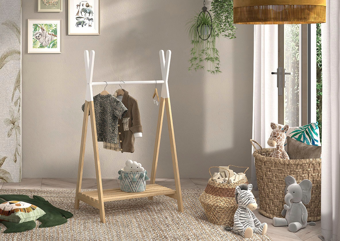 Vipack Kleiderständer "Kiddy, die ideale Hängemöglichkeit für das Kinderzimmer" mit Hängemöglichkeit und Schuhablage, Kiefermassiv natur/weiß