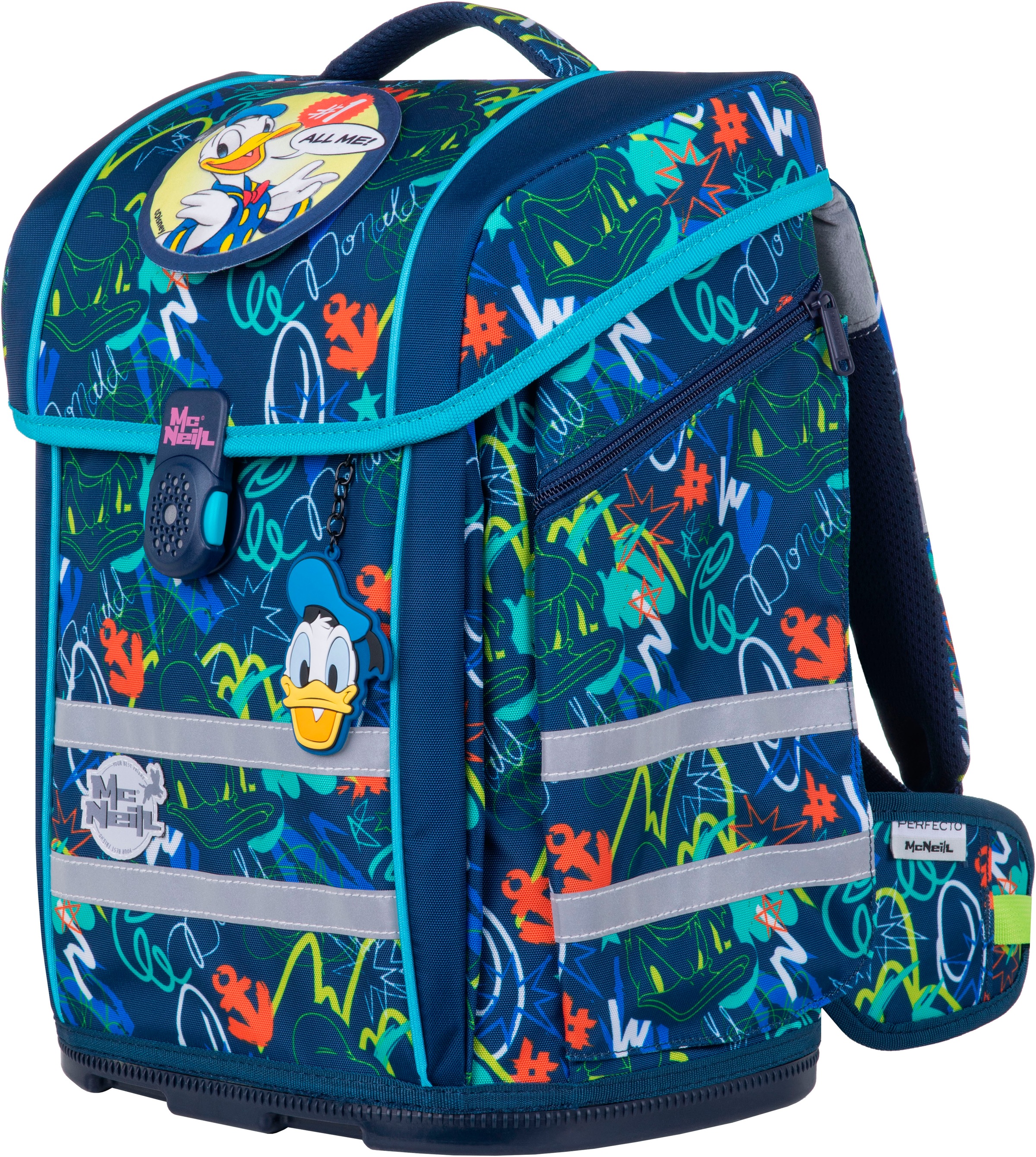 McNeill Schulranzen »Perfecto, Donald Duck«, reflektierende Streifen auf den Schultergurten-retroreflektierende Flächen, inkl. Federmäppchen, Turnbeutel, Schlamperrolle & Motivmagnet