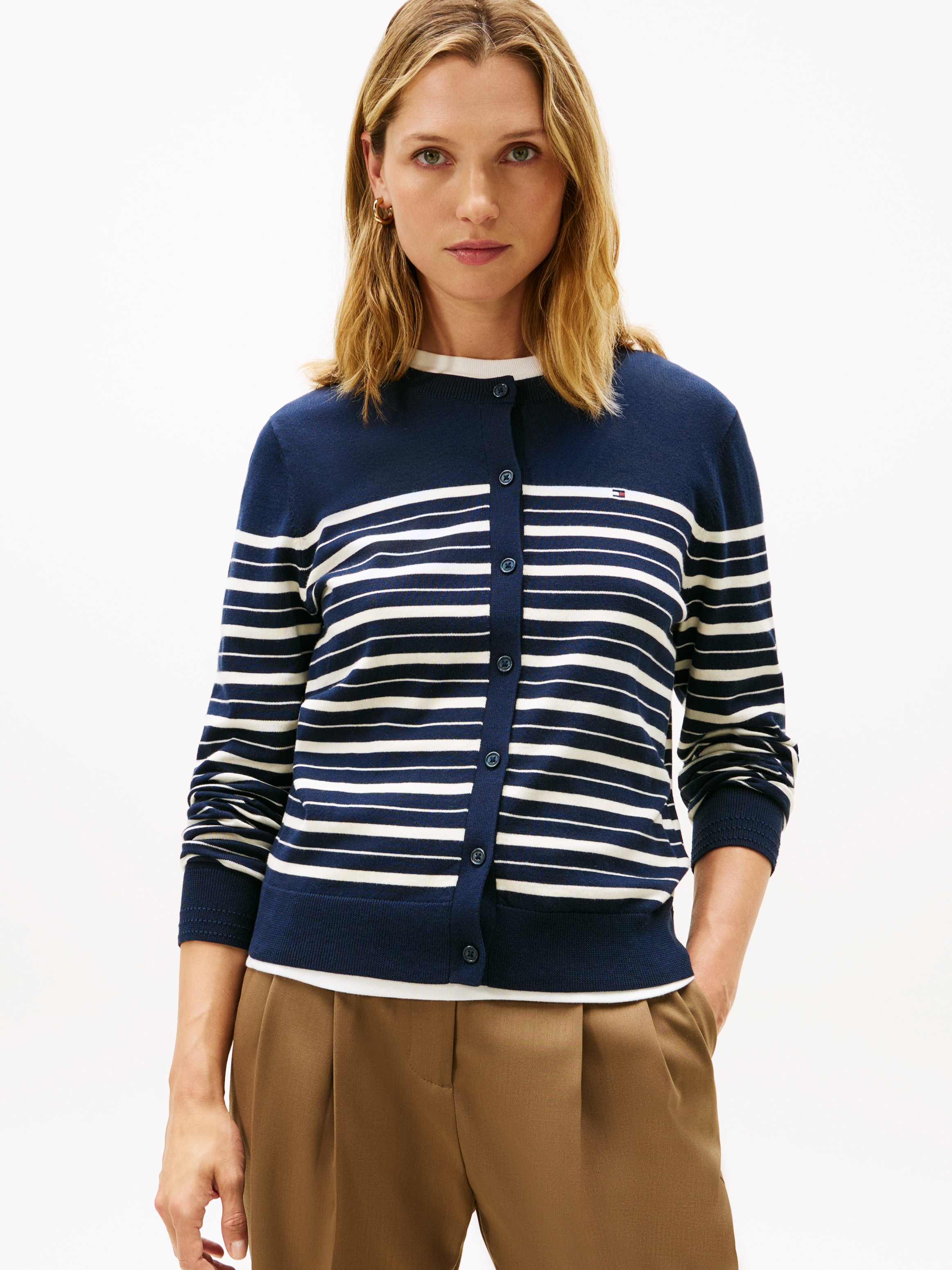 Tommy Hilfiger Cardigan "CO JERSEY STITCH CARDIGAN" Baumwollmischung, regular fit, Rundhals, goldfarbene Knöpfe