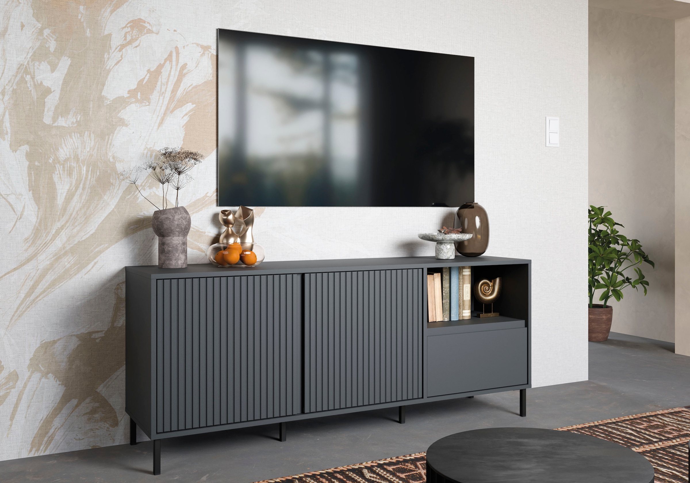 Home affaire Lowboard »AVENALE« Lowboard mit Metallfüßen, Breite 158 cm, Fronten geriffelt