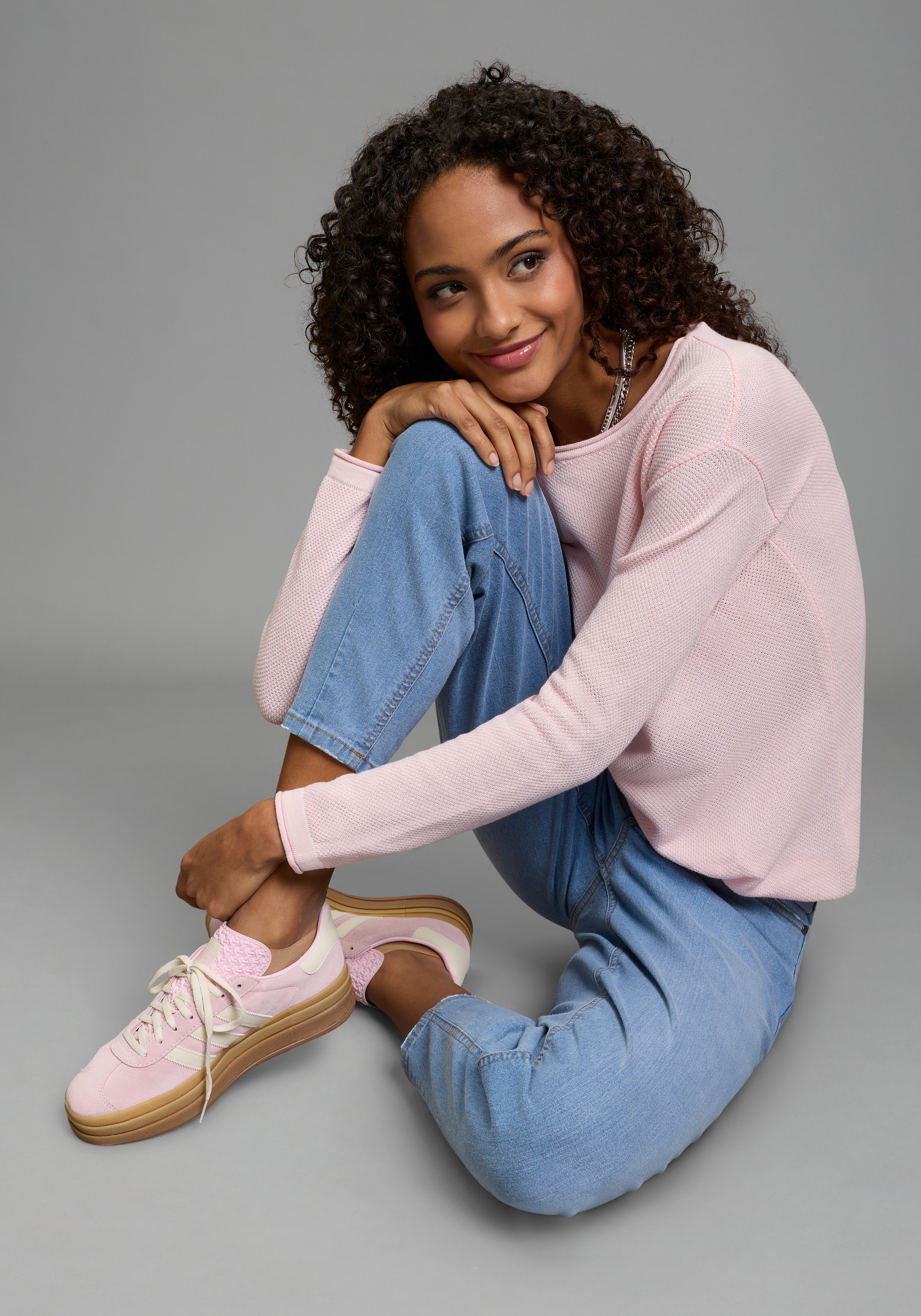 Rundhalspullover LAURA SCOTT, Damen, Gr. 48/50, rosa, Strick, Obermaterial: 50% Baumwolle, 50% Polyacryl, Waffelmuster, Basic, figurumspielend hüftlang, Rundhals, Rollkanten, Pullover Rundhalspullover, leichter Feinstrick mit Waffelmuster und dezenten Rol 3
