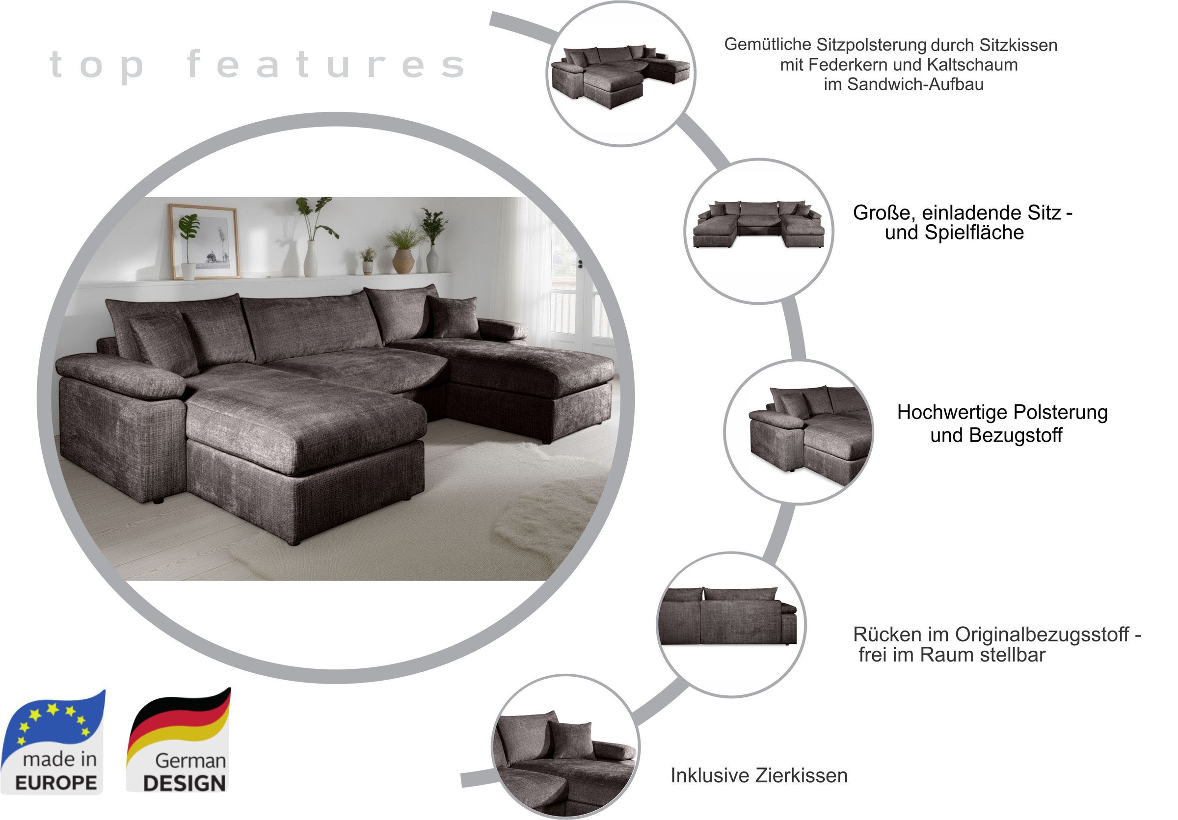 Thumbnail - COLLECTION AB Wohnlandschaft "Cosy U-From, Breite 309 cm" mit 2 Ottomane, Sitzaufbau im Sanwich-Federkern mit Kaltschaum...