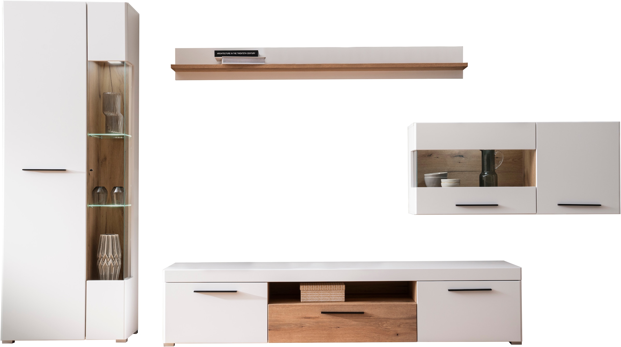 INOSIGN Wohnwand »Salerno, moderne Anbauwand, Wohnzimmer-Set, Weiß mit Eiche Evoke Dekor«, (Set, 4 St.), enthält Hängevitrine, Vitrine, Lowboard + Wandboard, Metallgriffe