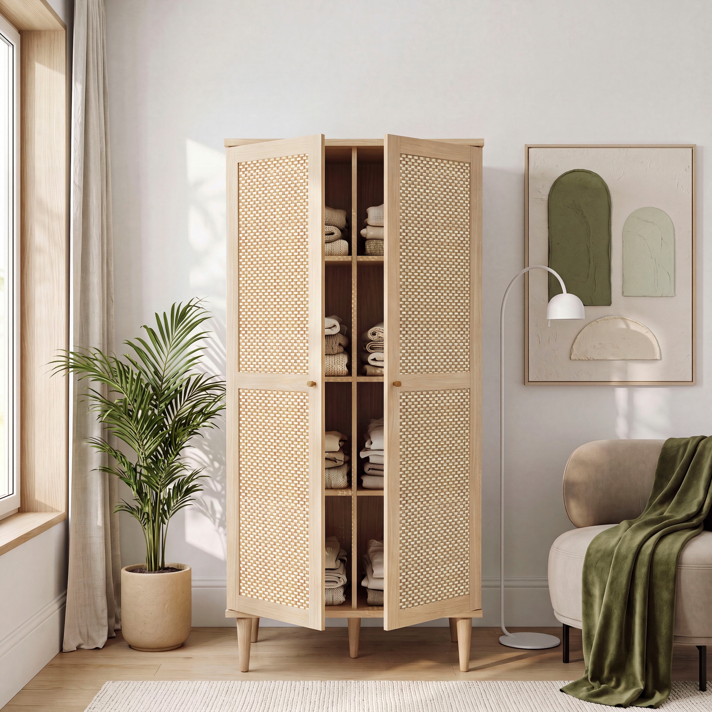 OTTO home Kleiderschrank »ELLIAN mit natürlicher Geflechtoptik und warmem Holzdekor« Holzfüße, Metallgriffe, Made in EU, viel Stauraum, FSC® zertifiziert