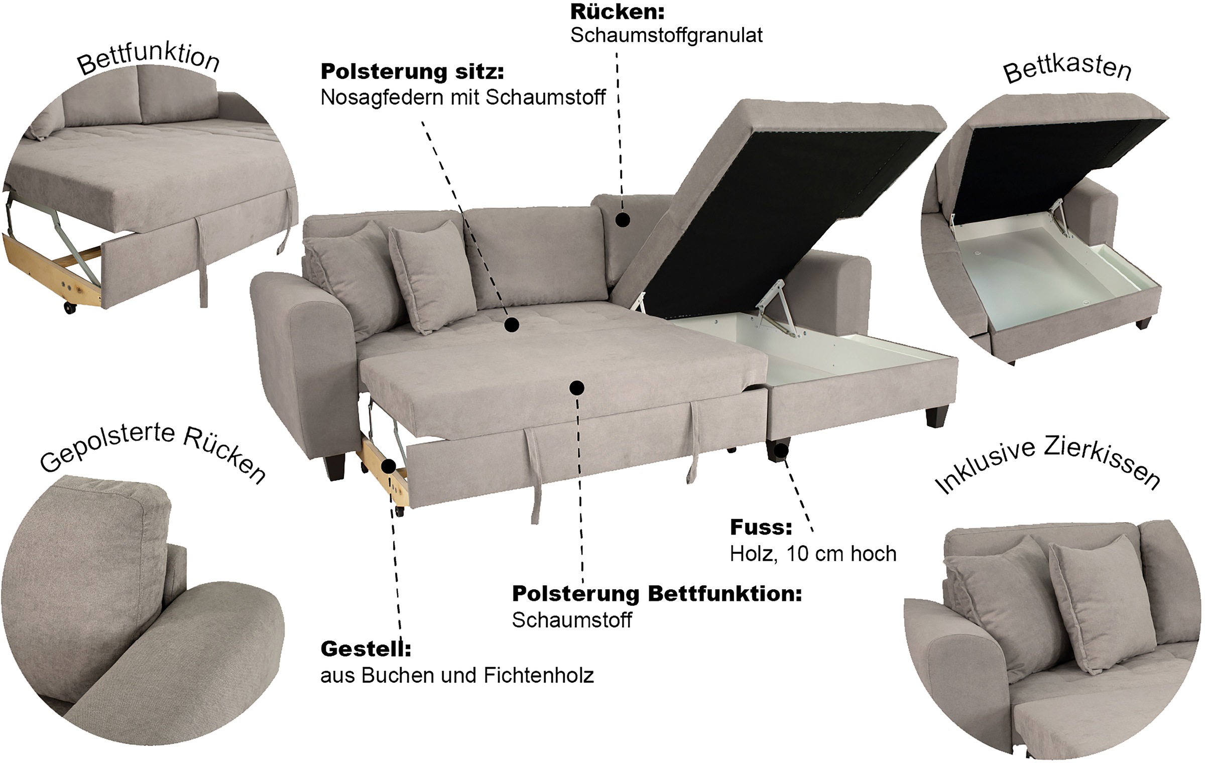 Thumbnail - Trends by HG Ecksofa "Moritz L-Form, B: 265 cm" mit Bettfunktion, Bettkasten & Zierkissen