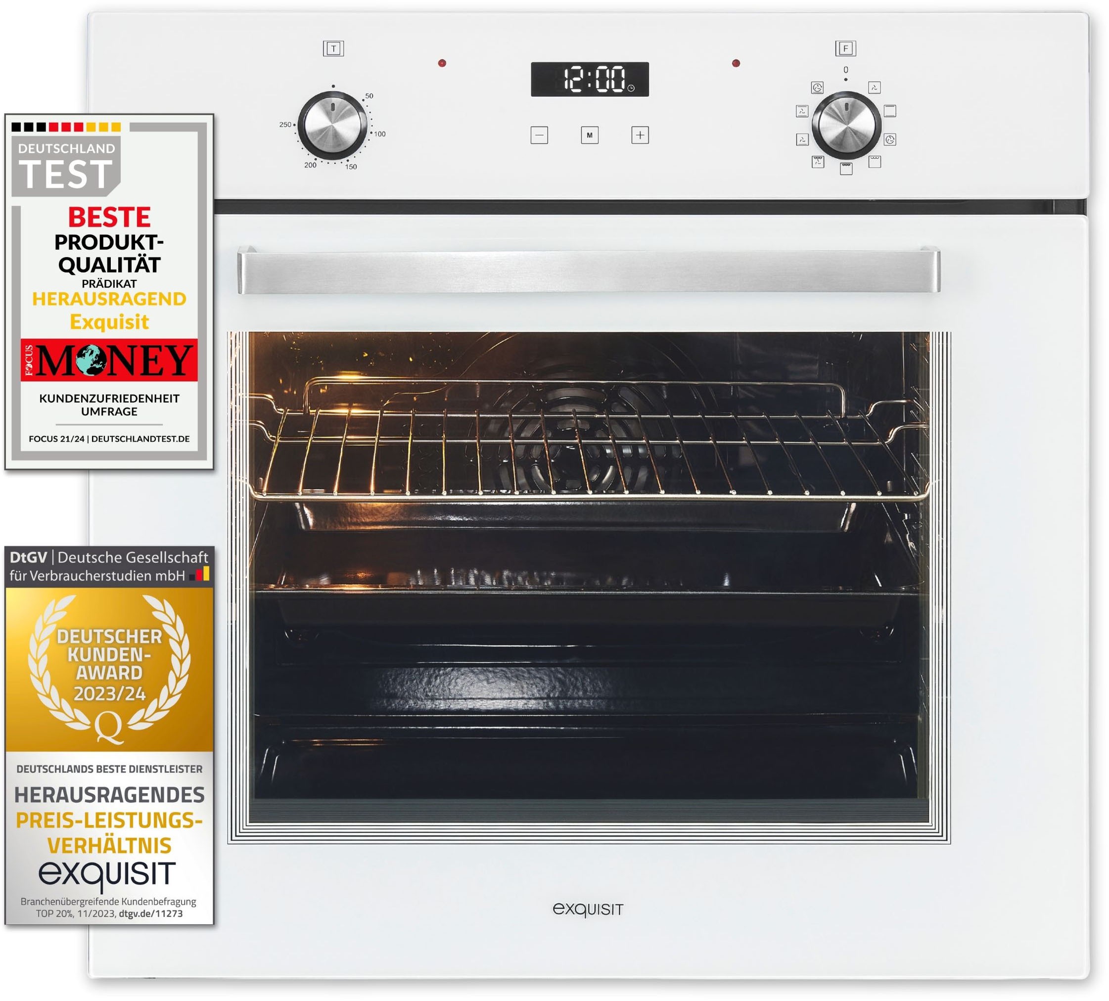 exquisit Backofen "EBE76-9-H-020 weiss" mit 1-fach-Teleskopauszug Pizzafunktion – ideal für Pizza, Focaccia und mehr
