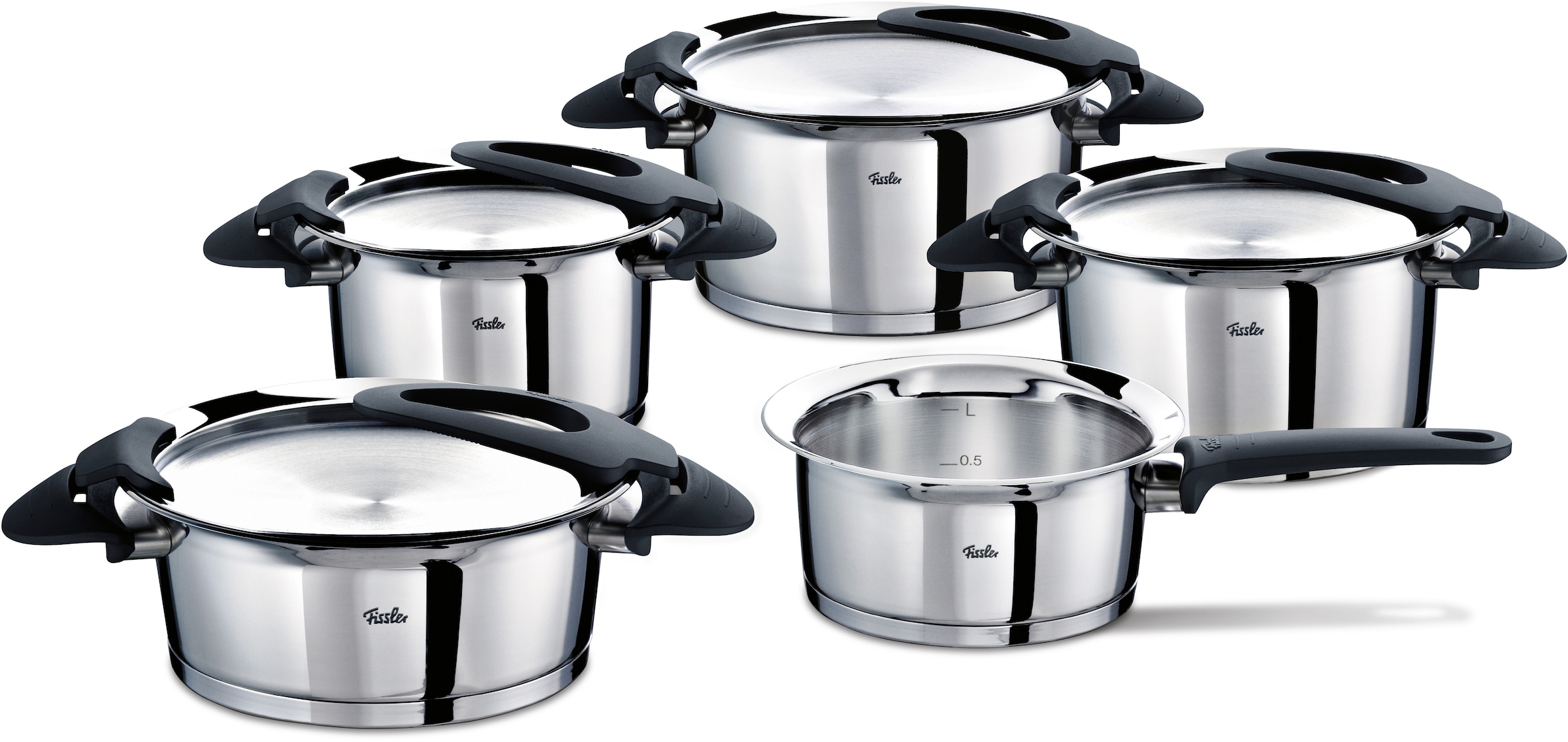 Fissler Topf-Set »Intensa«, Edelstahl 18/10, (Set, 9 tlg., Bratentopf Ø 20 cm, Kochtopf Ø 16/20/24 cm, Stielkasserolle Ø 16 cm), Induktion, Made in Germany