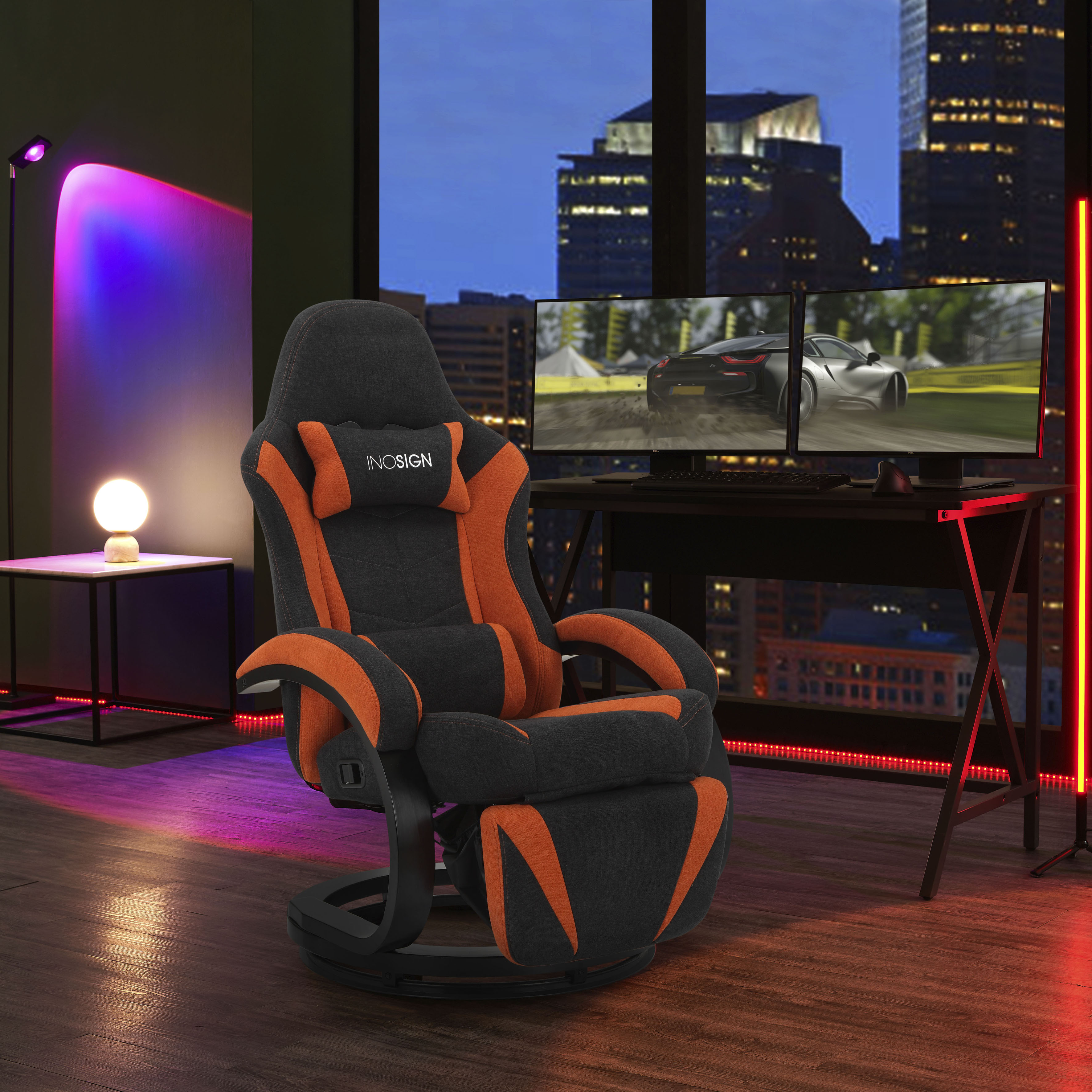 INOSIGN Relaxsessel Zarina, im Gamingchair Design, mit mechanischer Relaxfunktion, integrierte Fußstütze, Drehfunktion, 1 Kissen zur Kopfstütze, schwarzes Massivholz Gestell, Sitzhöhe 45,5 cm