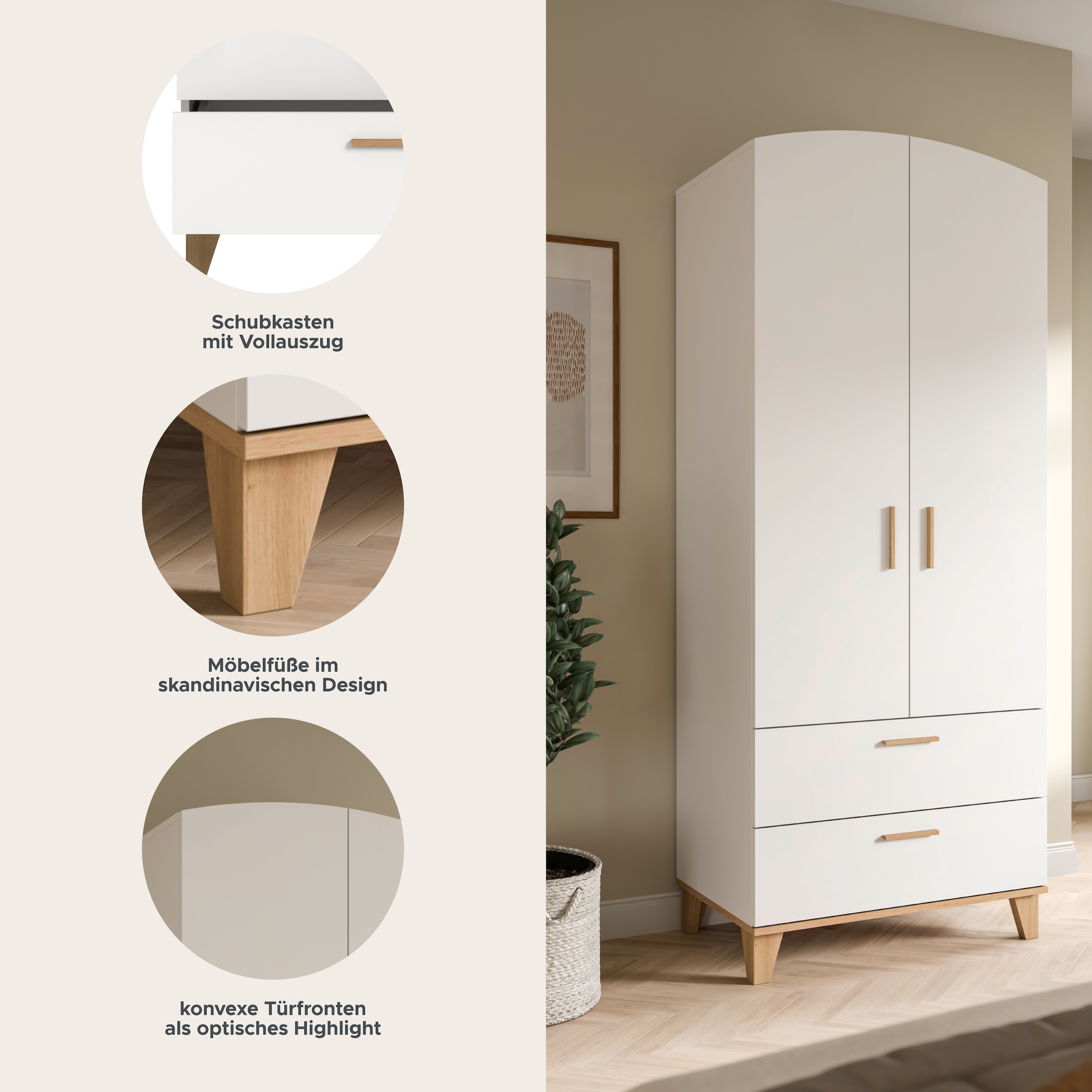 Home affaire Kleiderschrank »LASSE, Schlafzimmerschrank, Garderobe, Schrank« in verschiedenen Breiten erhältich, im Scandi-Look, 1 Stk. tlg. 2 Türen, 2 Schubkästen, 1 Konstruktionsboden, 1 Kleiderstange
