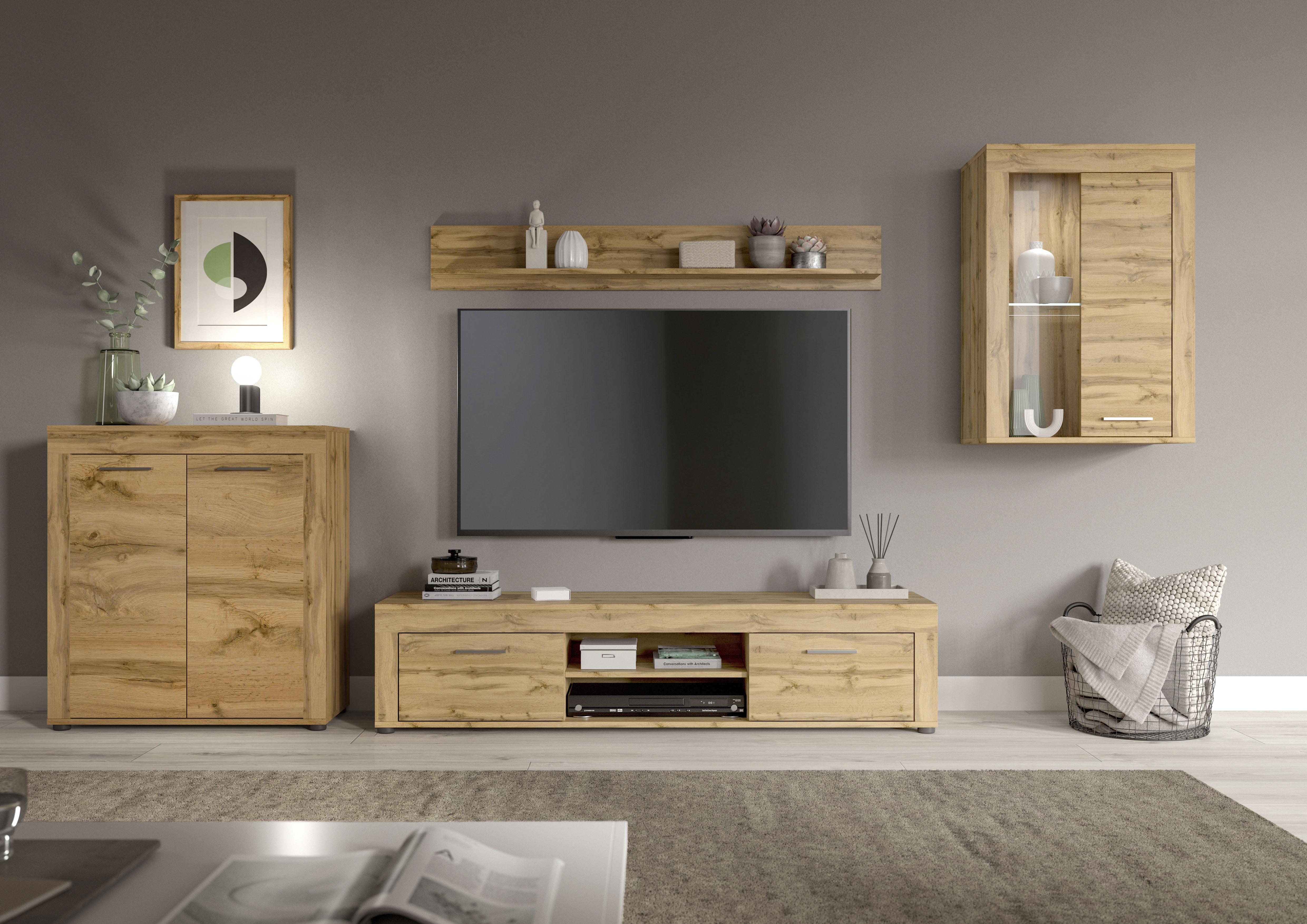 OTTO home Wohnwand "AOSTA, Breite 330cm, 4-teilige Wohn-Kombination" bestehend aus: Highboard, Lowboard, Wandboard & Vitrine, 4 Stk. tlg.