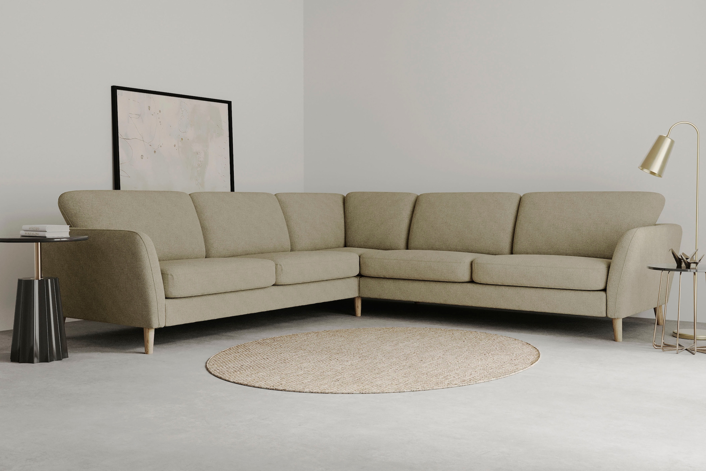 OTTO home Ecksofa "MARSEILLE 278/278 cm, L-Form, Webstoff, Flachgewebe, Filzoptik" gleichschenklig, Massivholzbeine, Landhausstil, Wellenunterfederung