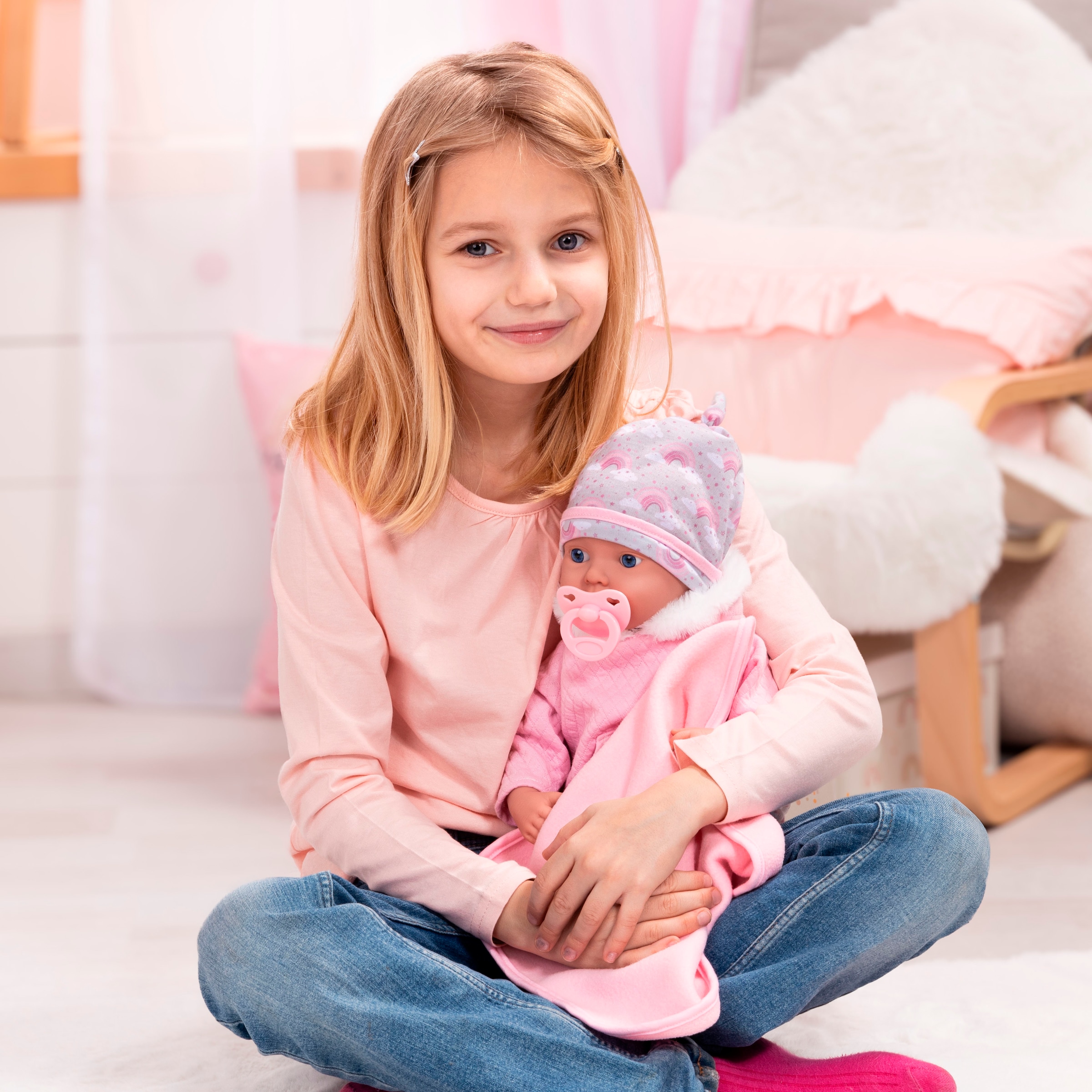 Bayer Babypuppe »Reborn Baby, 38 cm Regenbogenmuster«, (4 tlg.)