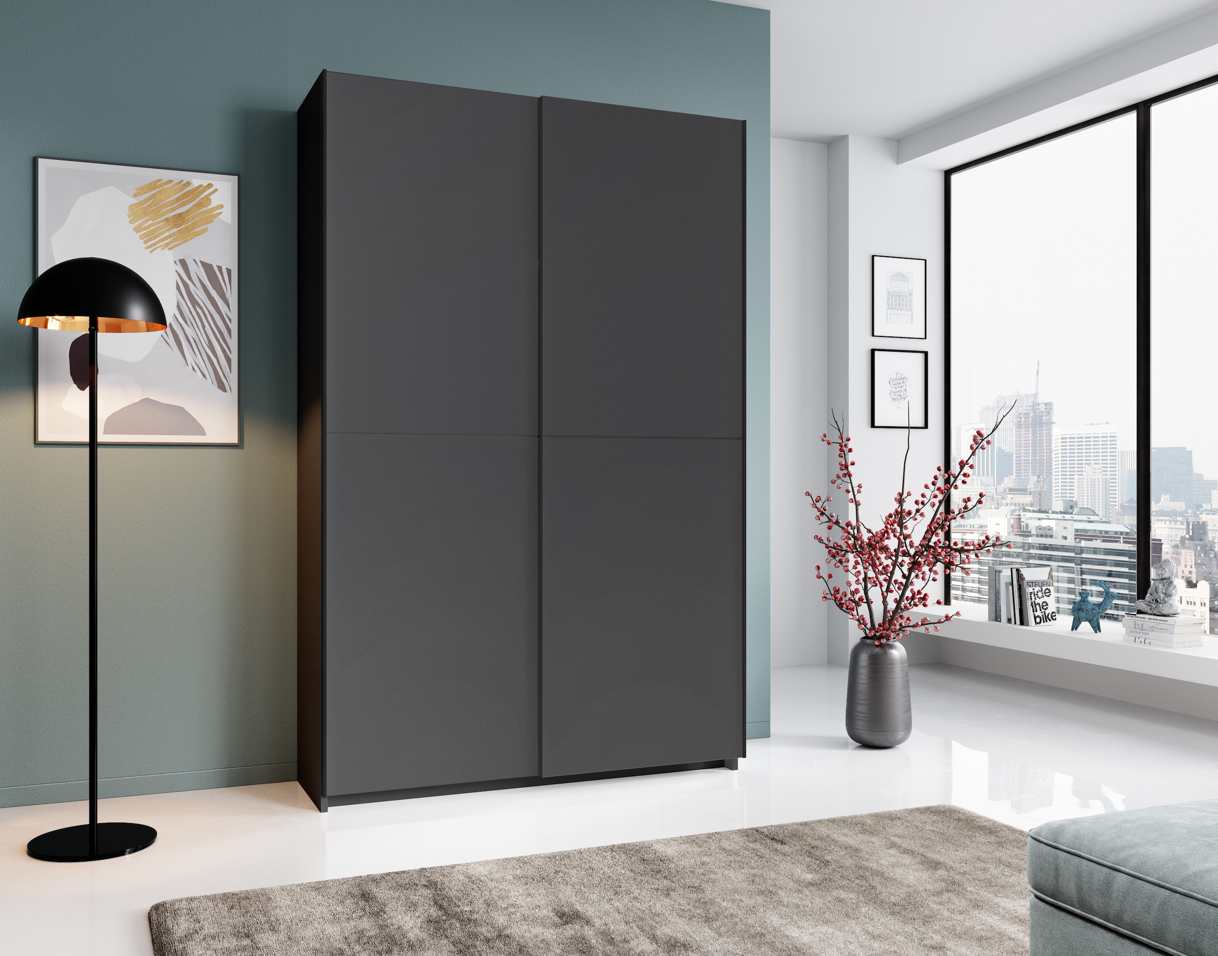 Schlafkontor Schwebetürenschrank »Heimo/Fast Schrank Kleiderschrank Garderobe«, geringe Tiefe, ausziehbarer Kleiderstange, Garderobenschrank, 6 Böden