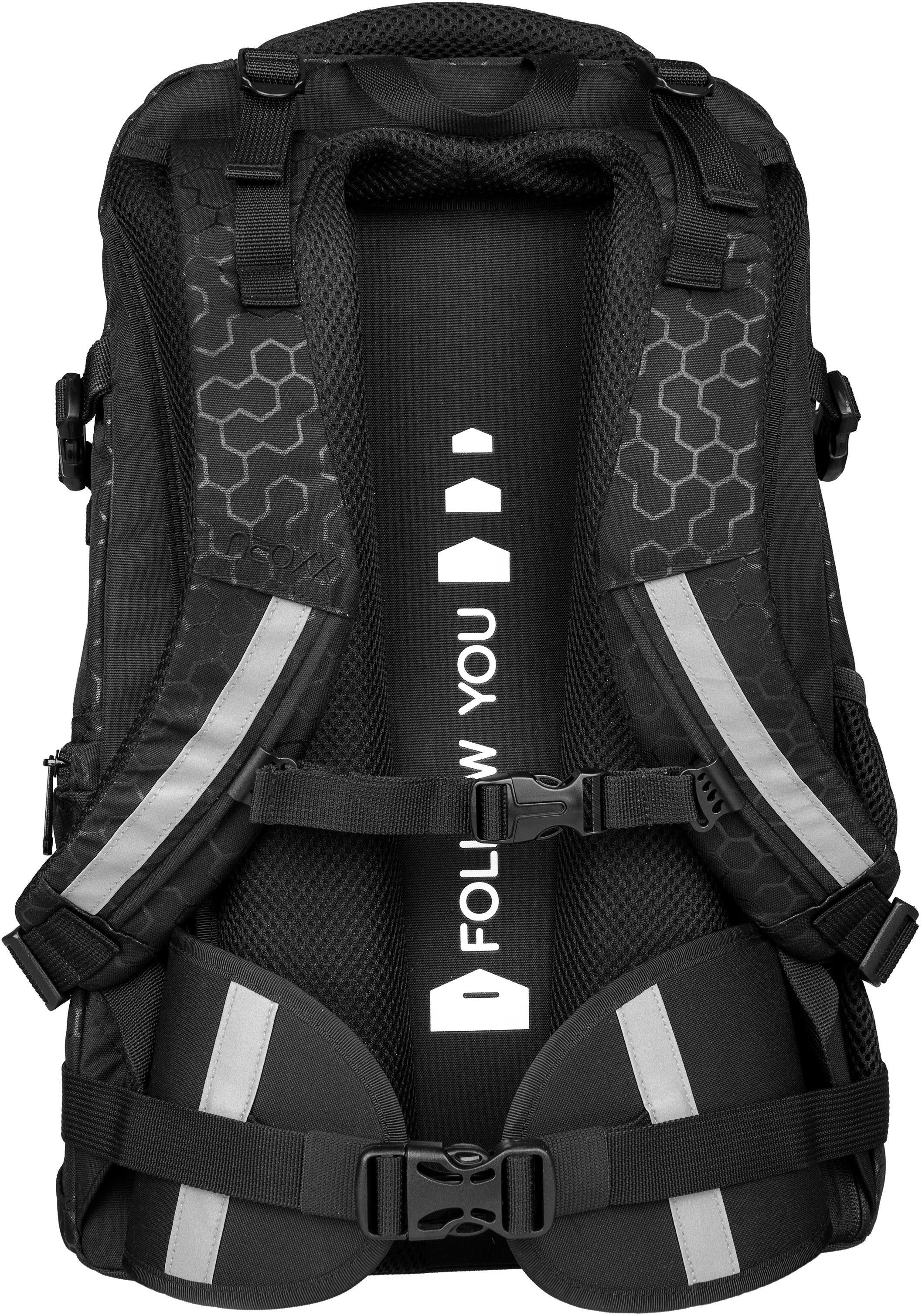 neoxx Schulrucksack »Active, Lost in black«, reflektierende Details, aus recycelten PET-Flaschen