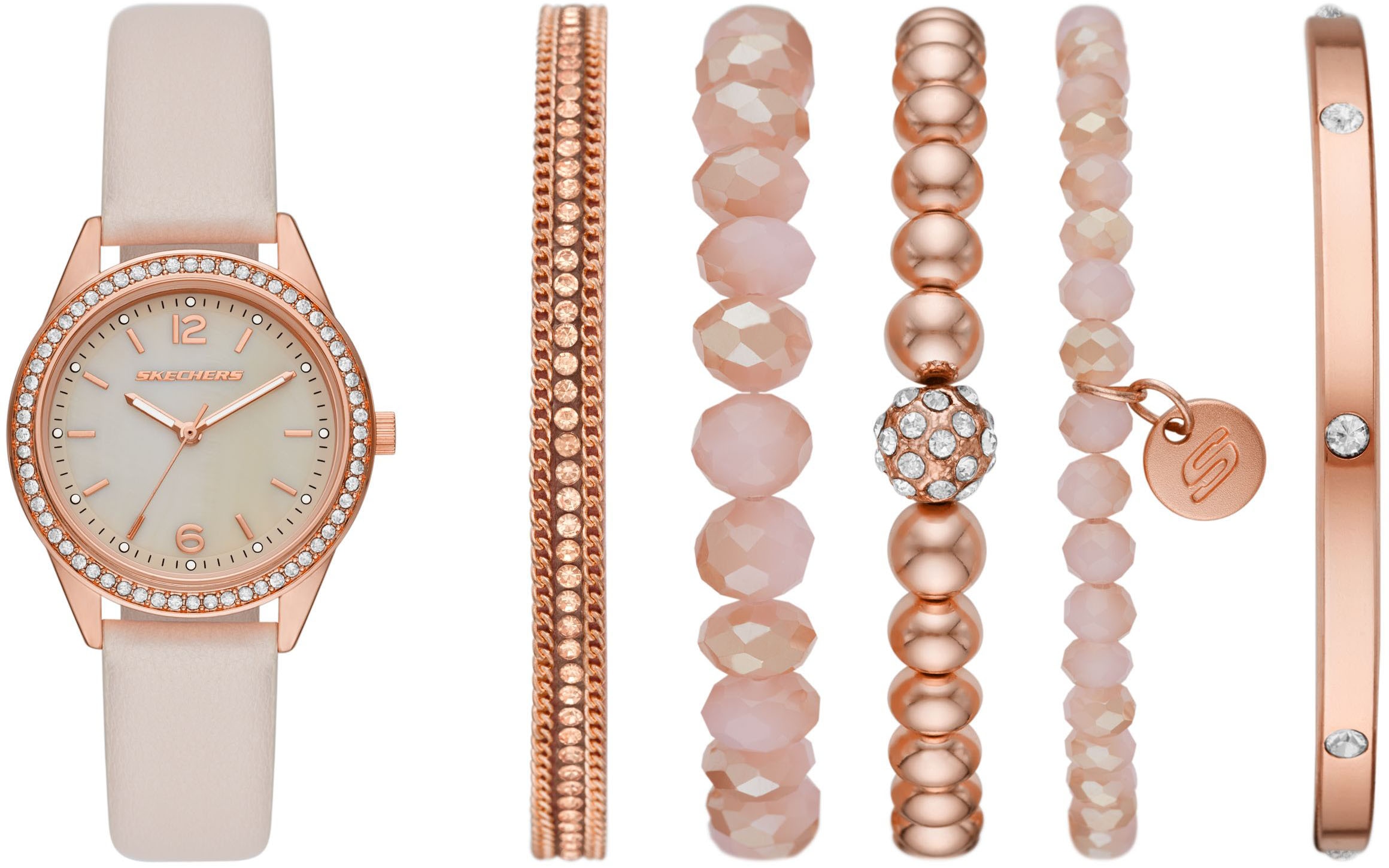 Skechers Quarzuhr, (Set, 6 tlg., mit 5 Schmuckarmbändern), Armbanduhr, Damenuhr, Ideal auch als Geschenk, analog, Glassteine