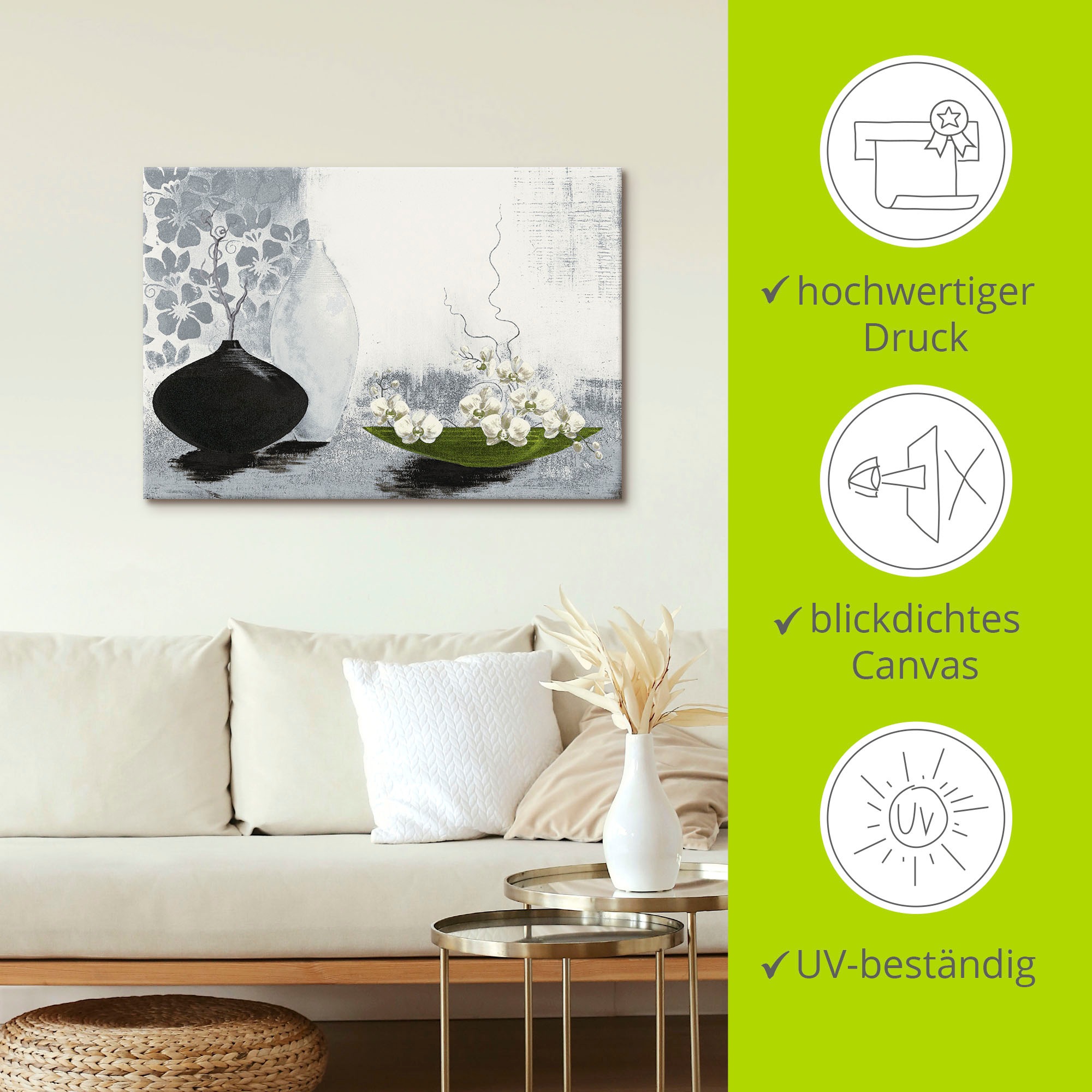 Artland Wandbild »Modernes bauchiges Gefäß mit Orchideen«, Vasen & Töpfe, (1 St.), als Leinwandbild, Poster in verschied. Größen